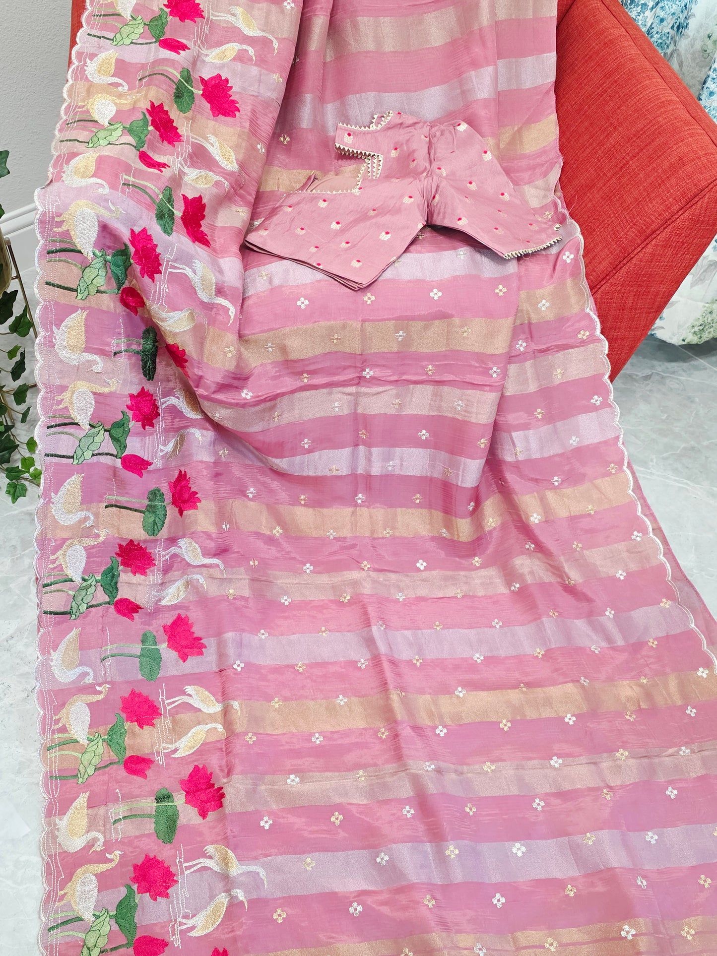 Vintage Blush Rose Soft Falling Tissue Stripes Designer Saree with Floral Border & Stitched Blouse