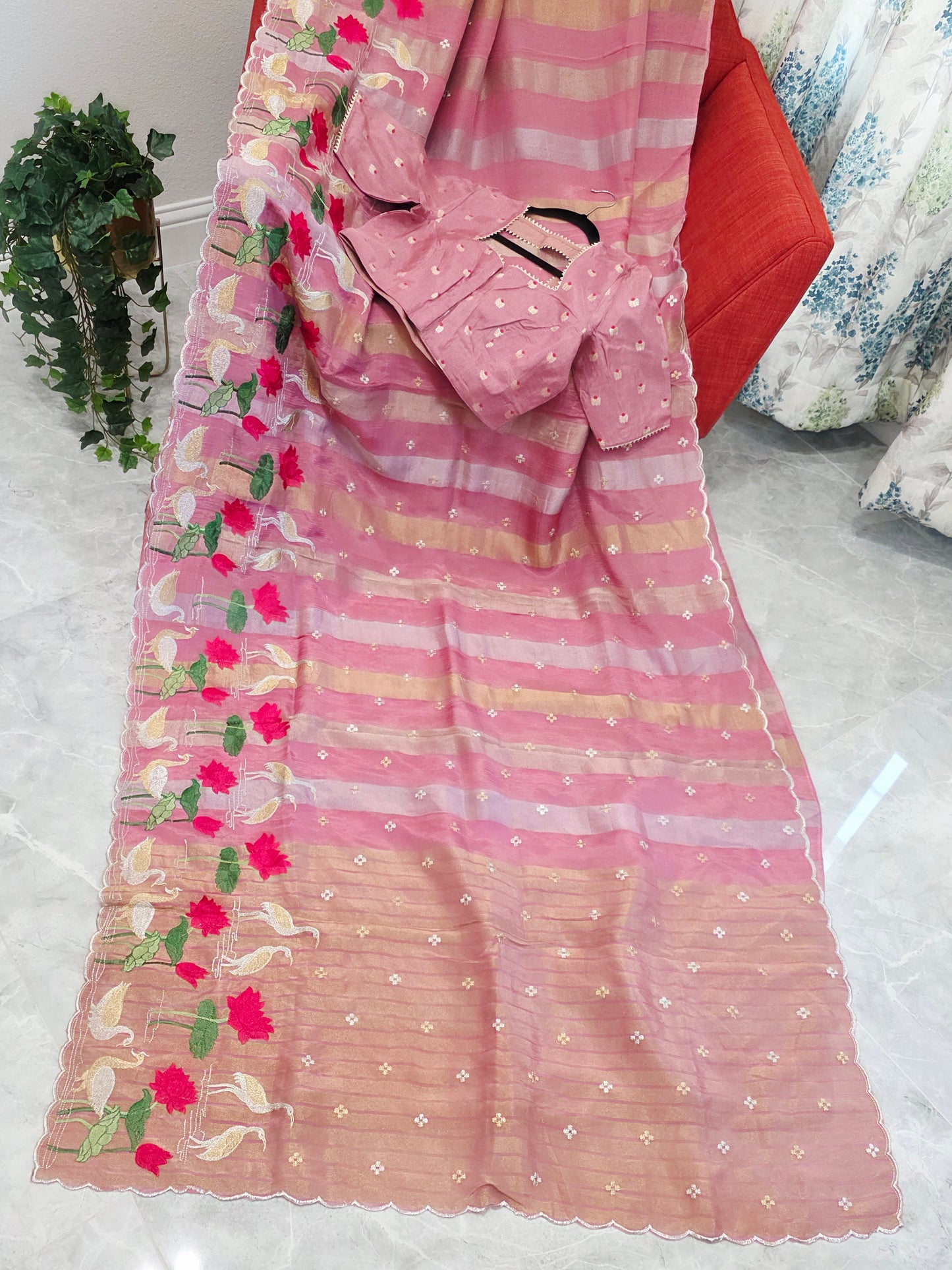 Vintage Blush Rose Soft Falling Tissue Stripes Designer Saree with Floral Border & Stitched Blouse