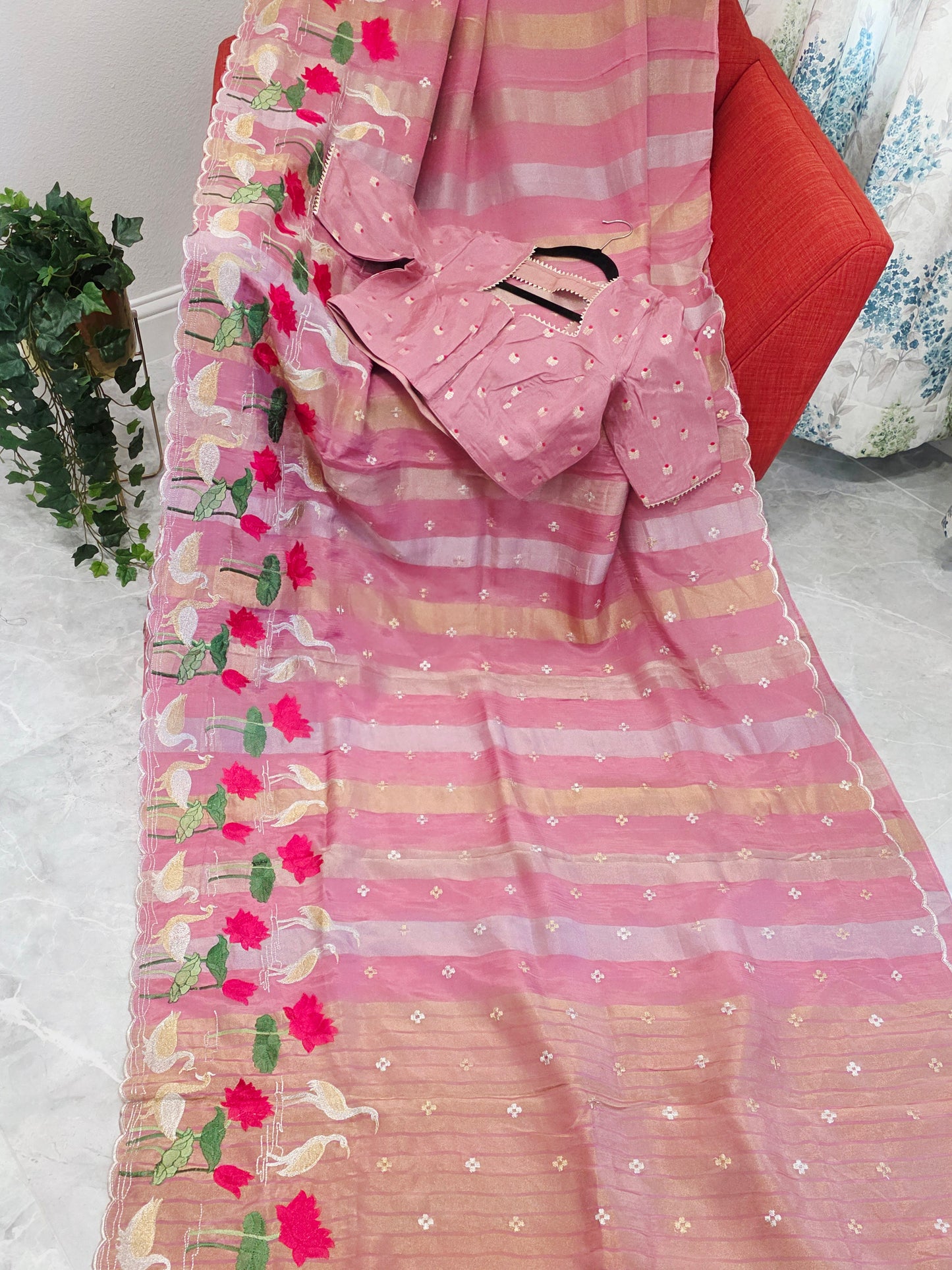 Vintage Blush Rose Soft Falling Tissue Stripes Designer Saree with Floral Border & Stitched Blouse