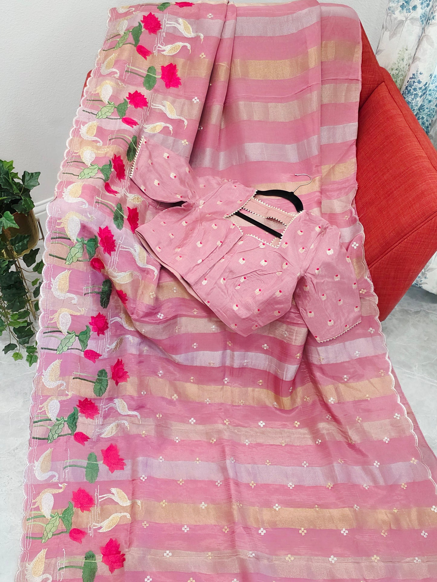 Vintage Blush Rose Soft Falling Tissue Stripes Designer Saree with Floral Border & Stitched Blouse