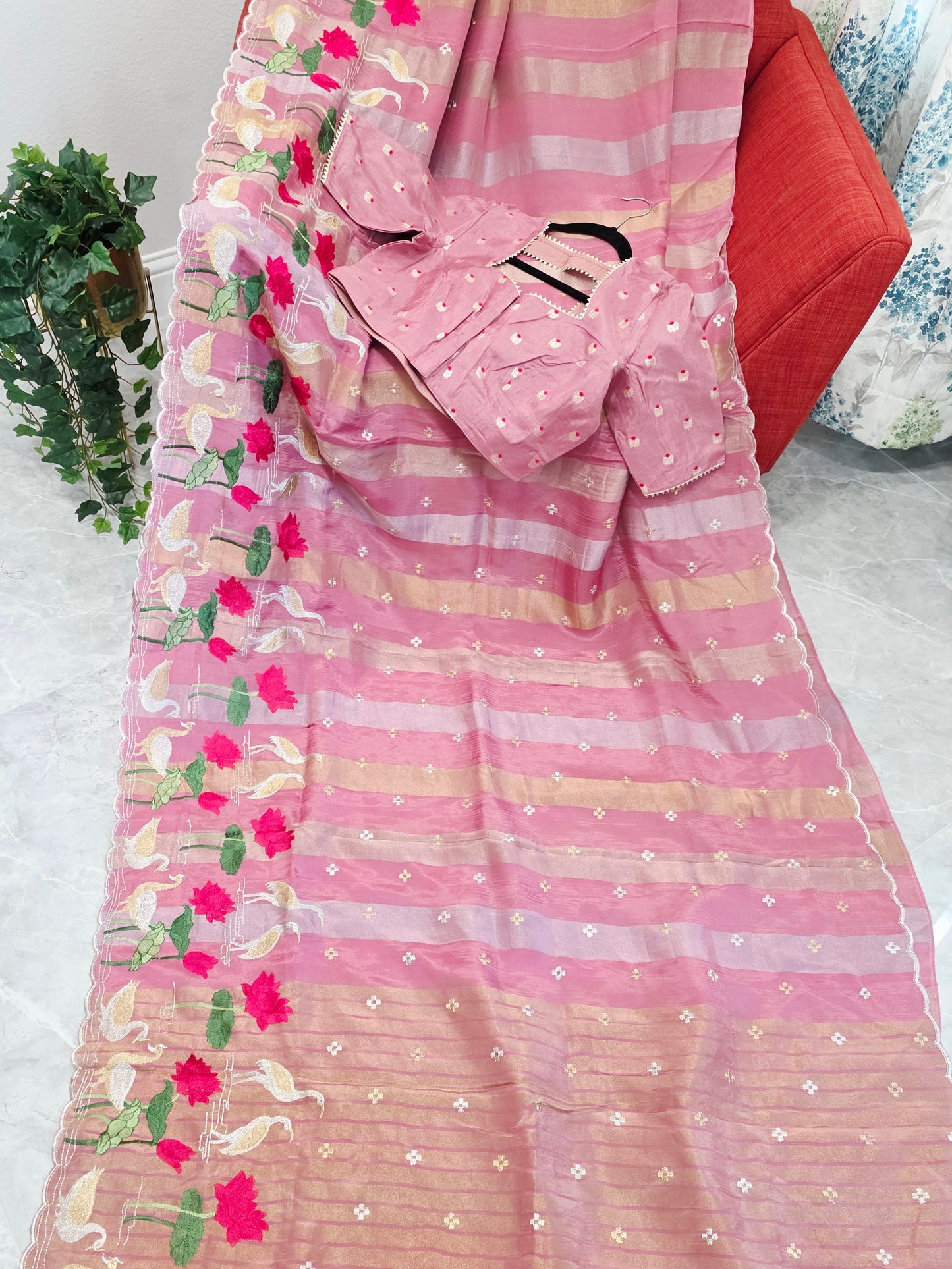 Vintage Blush Rose Soft Falling Tissue Stripes Designer Saree with Floral Border & Stitched Blouse