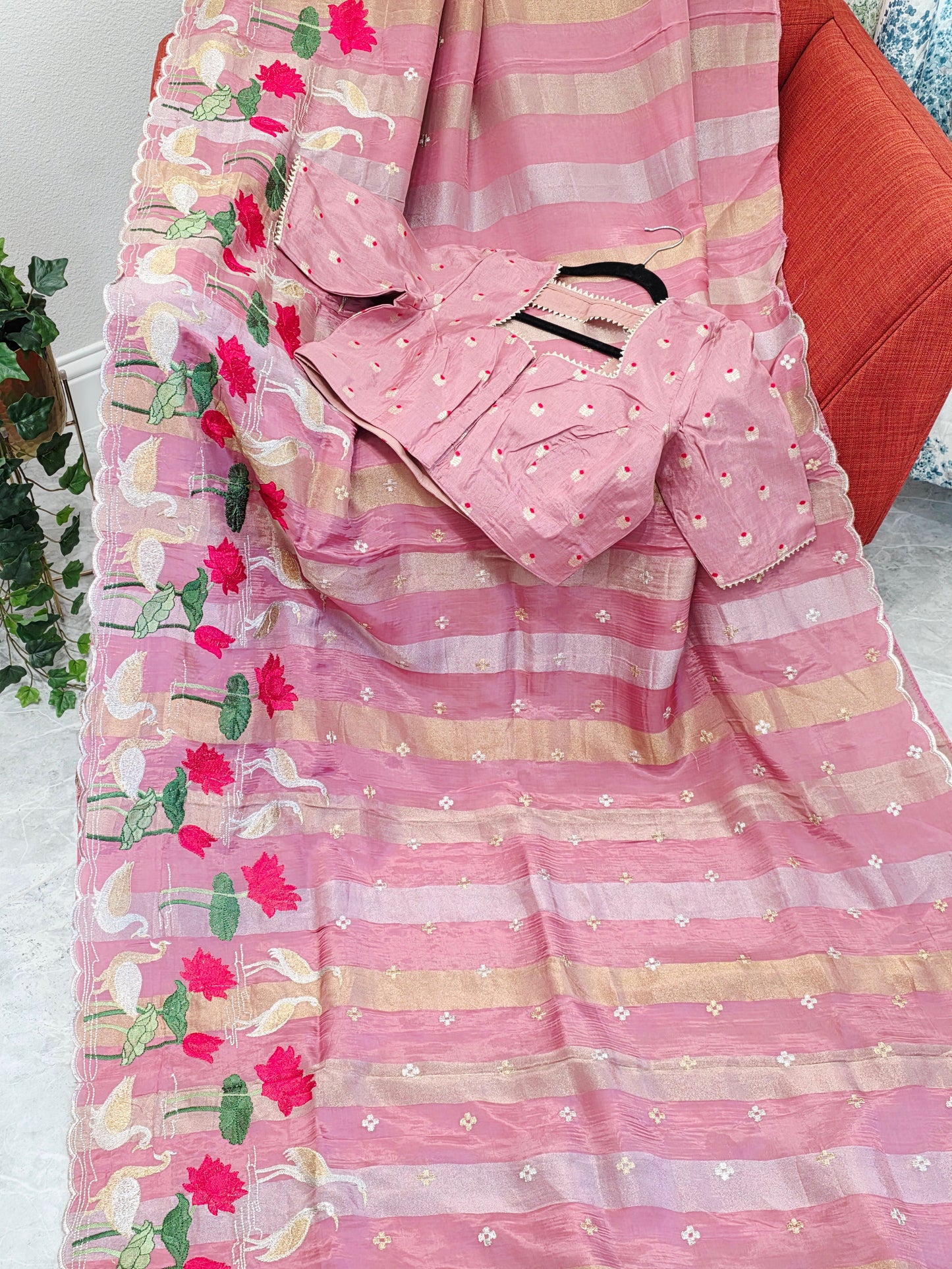 Vintage Blush Rose Soft Falling Tissue Stripes Designer Saree with Floral Border & Stitched Blouse