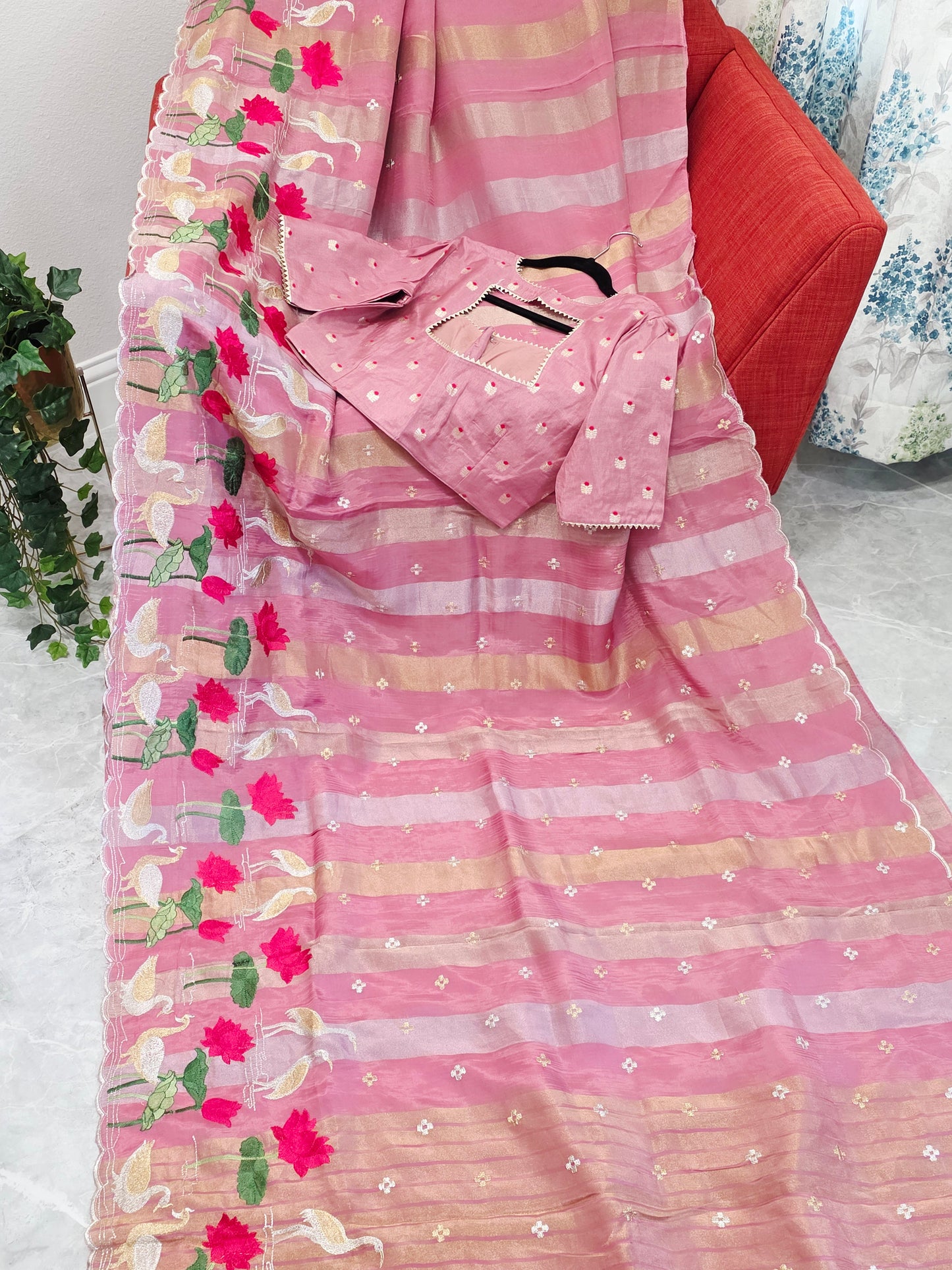 Vintage Blush Rose Soft Falling Tissue Stripes Designer Saree with Floral Border & Stitched Blouse