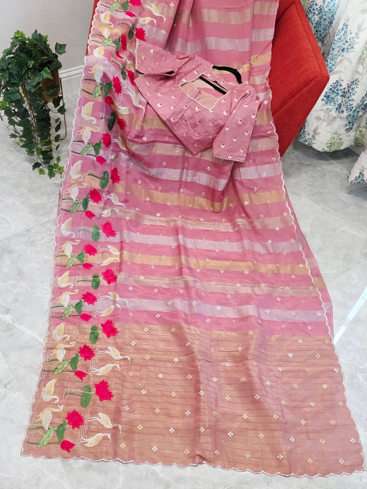 Vintage Blush Rose Soft Falling Tissue Stripes Designer Saree with Floral Border & Stitched Blouse