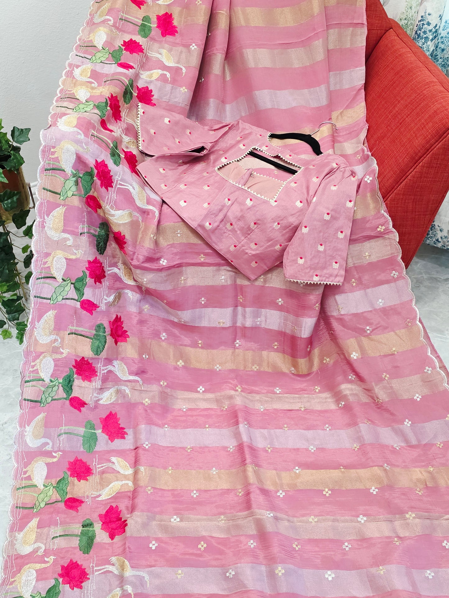 Vintage Blush Rose Soft Falling Tissue Stripes Designer Saree with Floral Border & Stitched Blouse