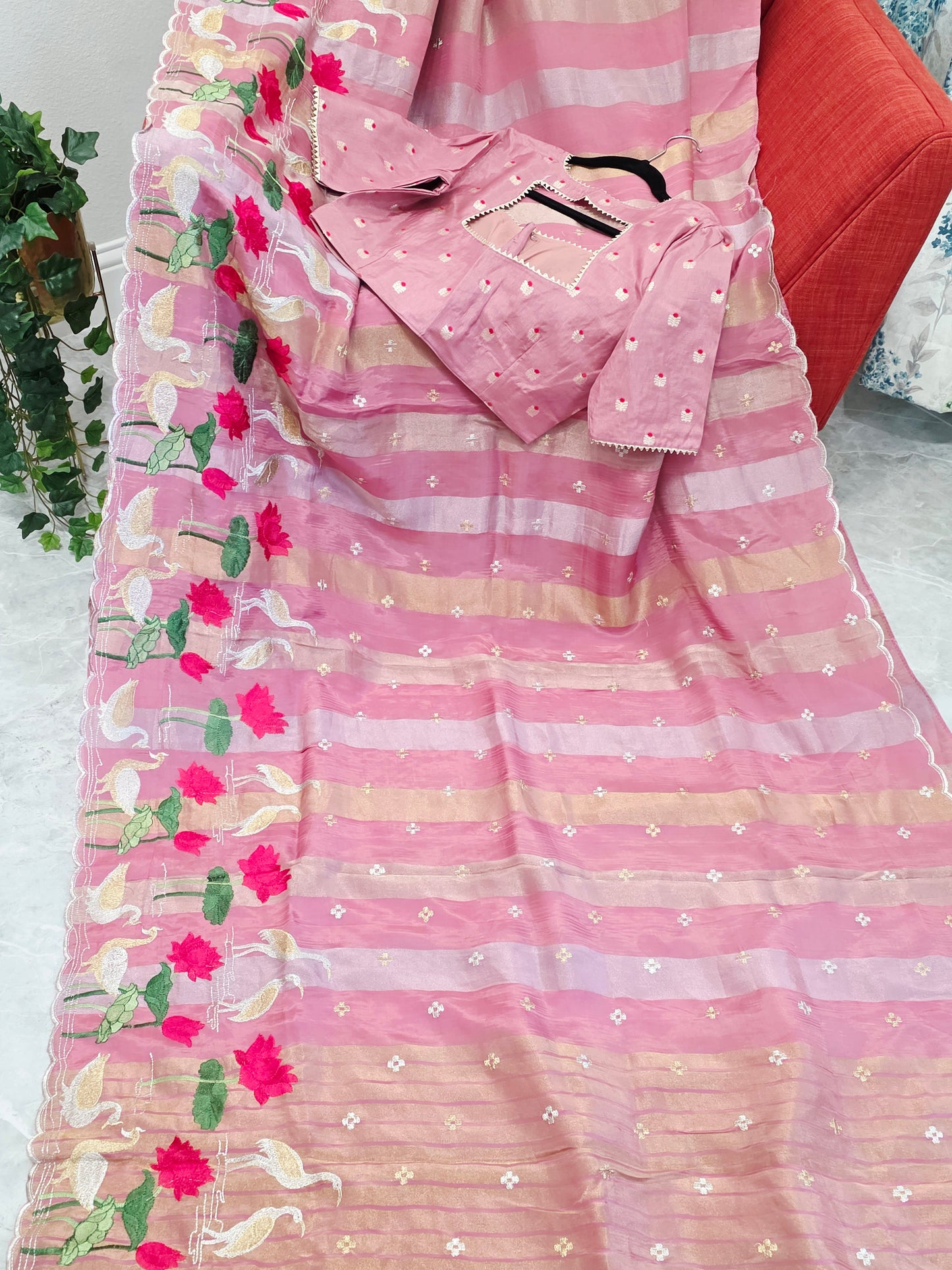 Vintage Blush Rose Soft Falling Tissue Stripes Designer Saree with Floral Border & Stitched Blouse