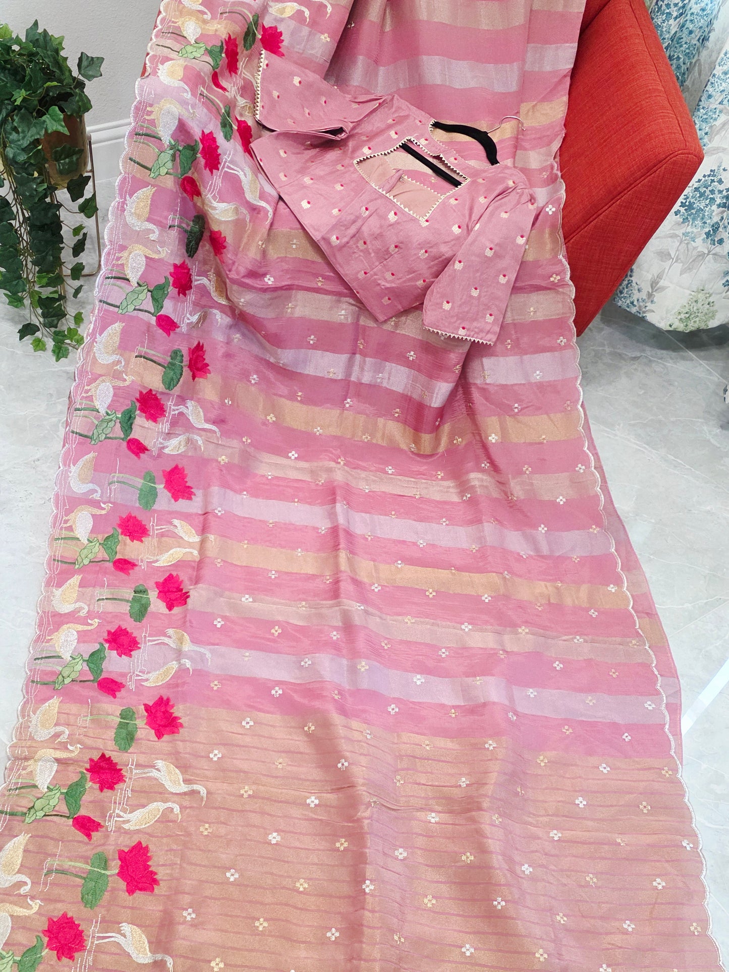 Vintage Blush Rose Soft Falling Tissue Stripes Designer Saree with Floral Border & Stitched Blouse