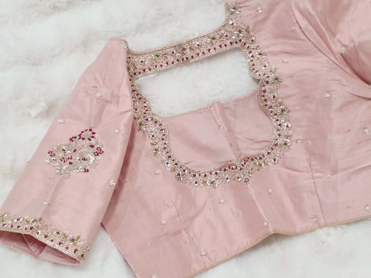 Blush Rose Maharani Pure Raw Silk Maggam Stitched Blouse