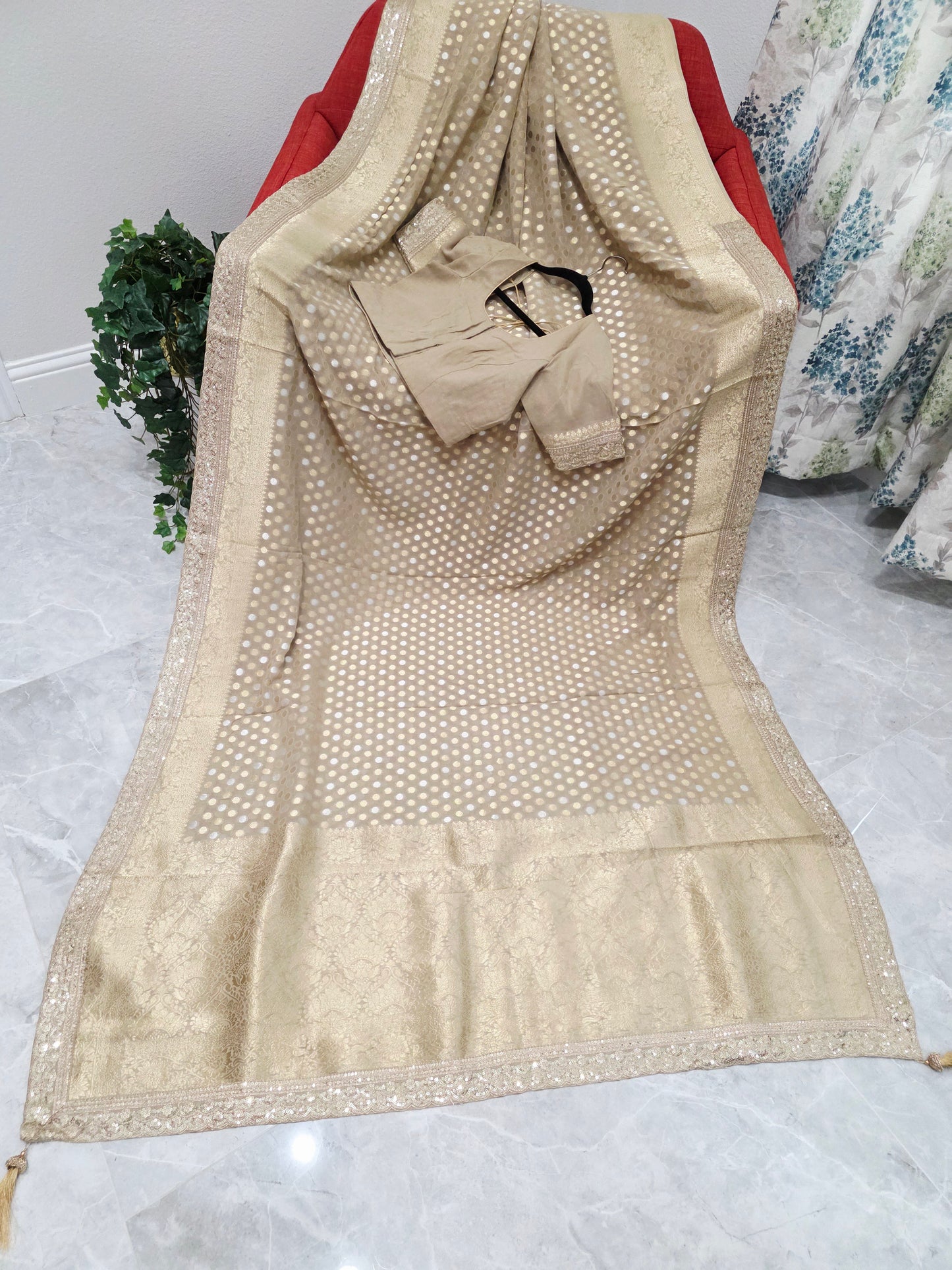 Champagne Beige Gold Polka Butta Georgette Saree with Stitched Blouse