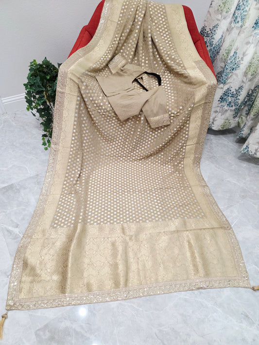 Champagne Beige Gold Polka Butta Georgette Saree with Stitched Blouse