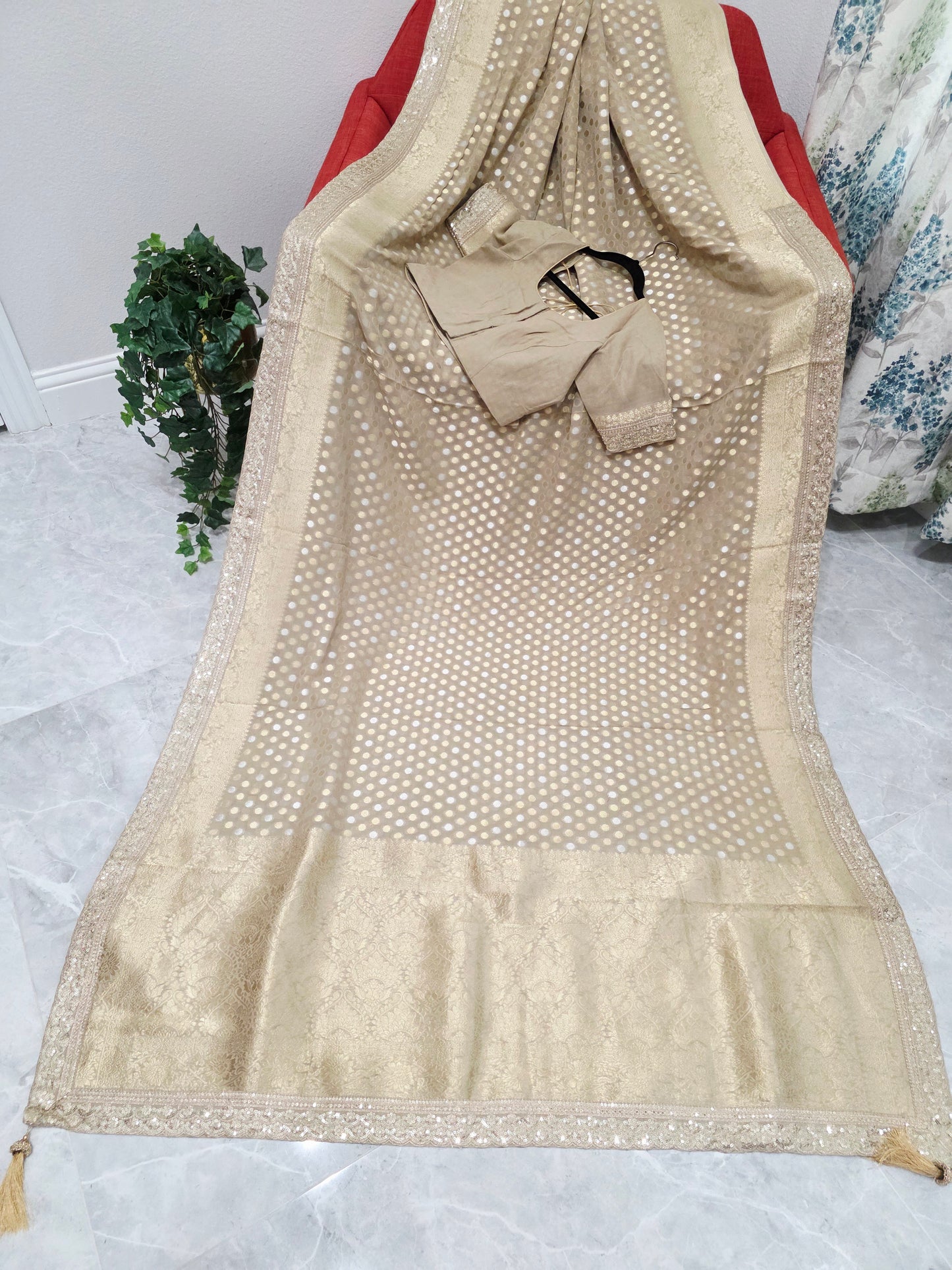 Champagne Beige Gold Polka Butta Georgette Saree with Stitched Blouse