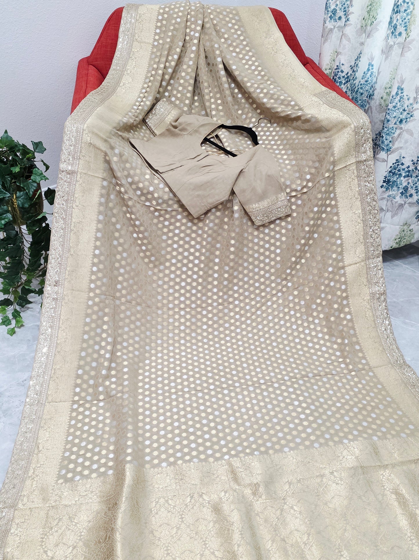 Champagne Beige Gold Polka Butta Georgette Saree with Stitched Blouse