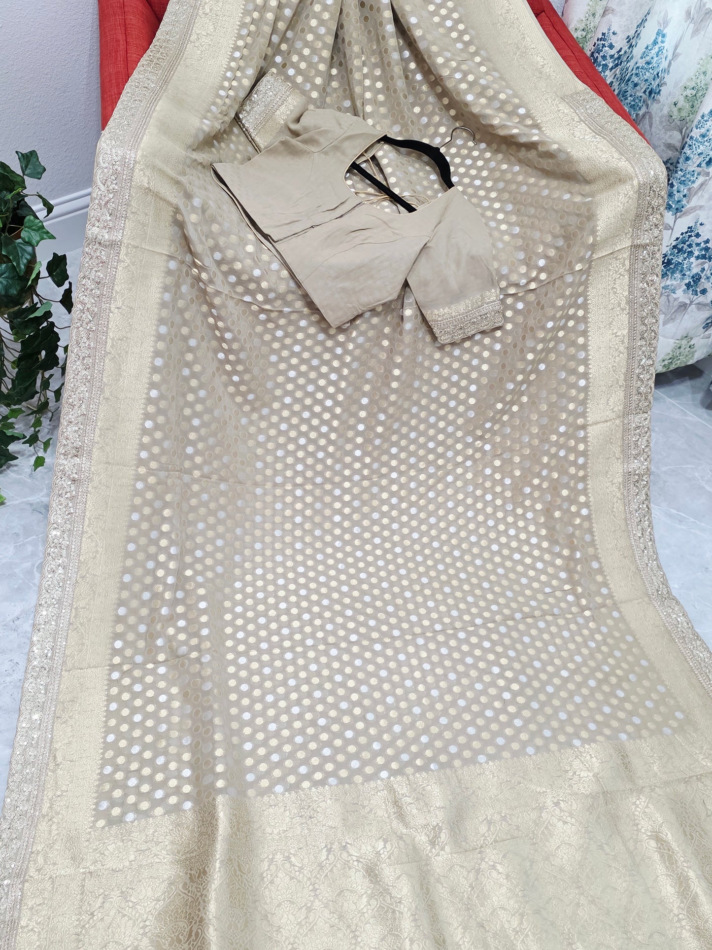 Champagne Beige Gold Polka Butta Georgette Saree with Stitched Blouse