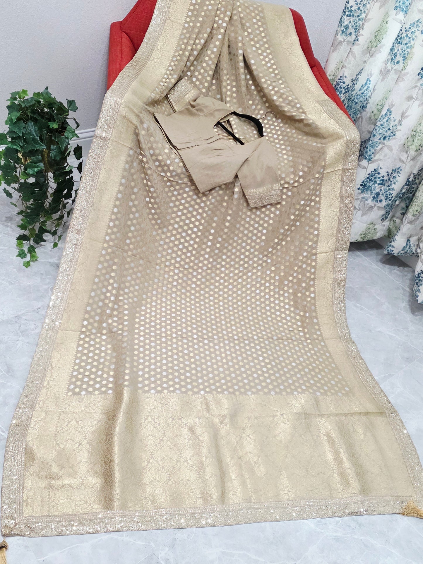 Champagne Beige Gold Polka Butta Georgette Saree with Stitched Blouse