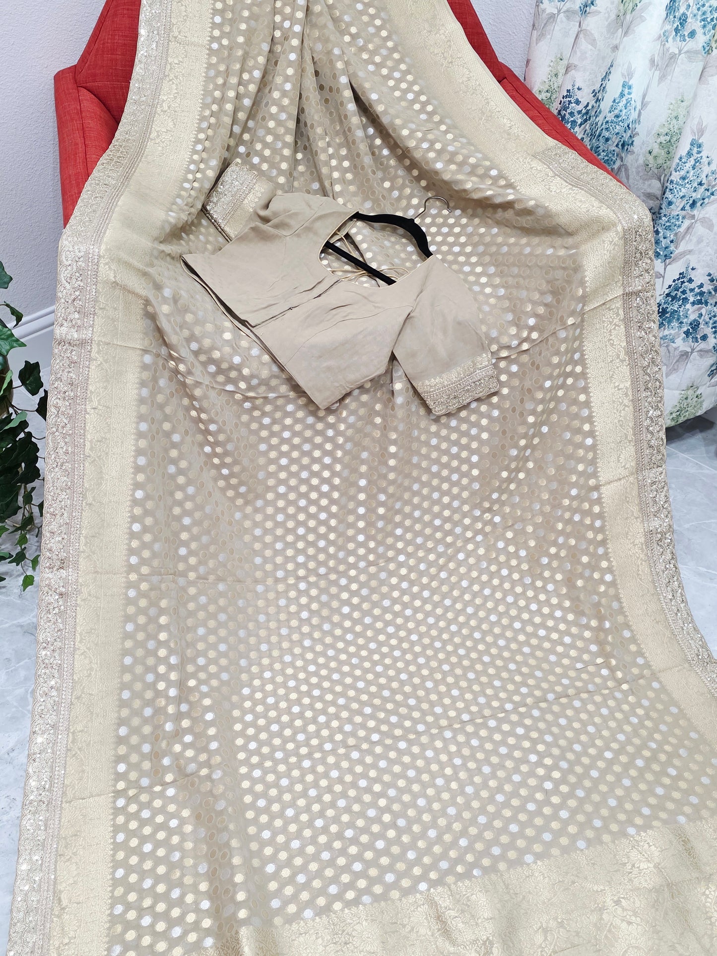 Champagne Beige Gold Polka Butta Georgette Saree with Stitched Blouse