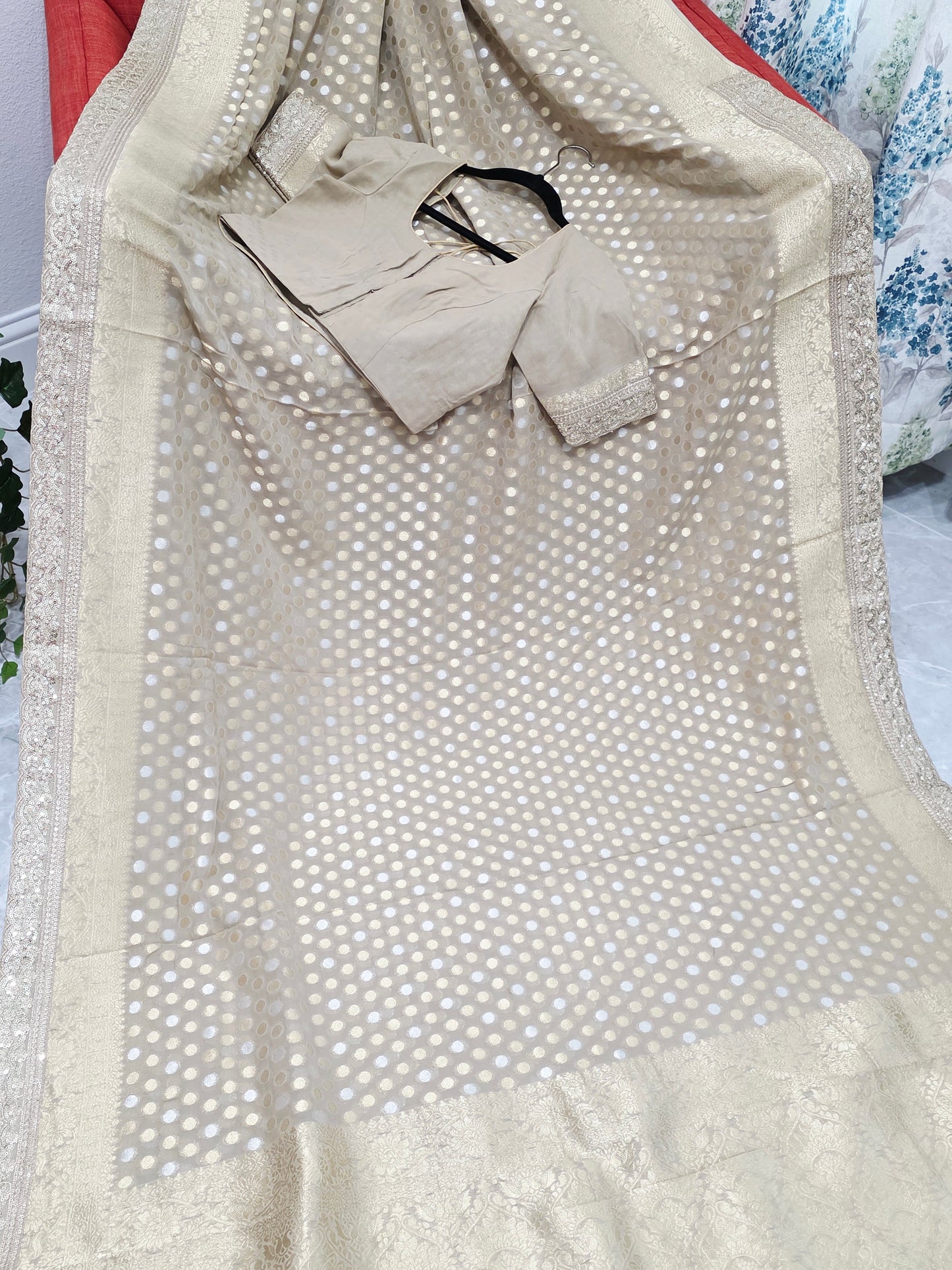 Champagne Beige Gold Polka Butta Georgette Saree with Stitched Blouse
