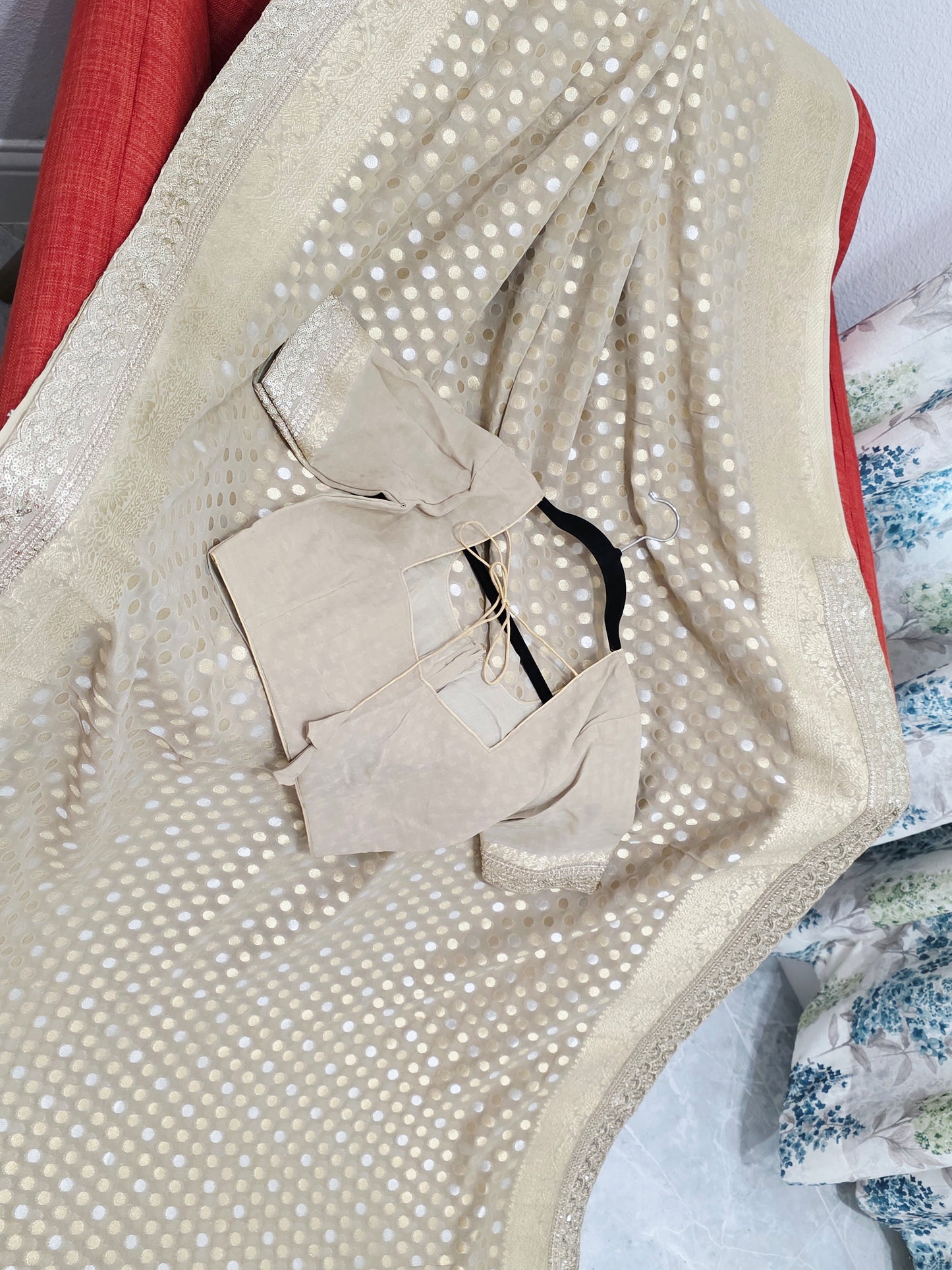 Champagne Beige Gold Polka Butta Georgette Saree with Stitched Blouse
