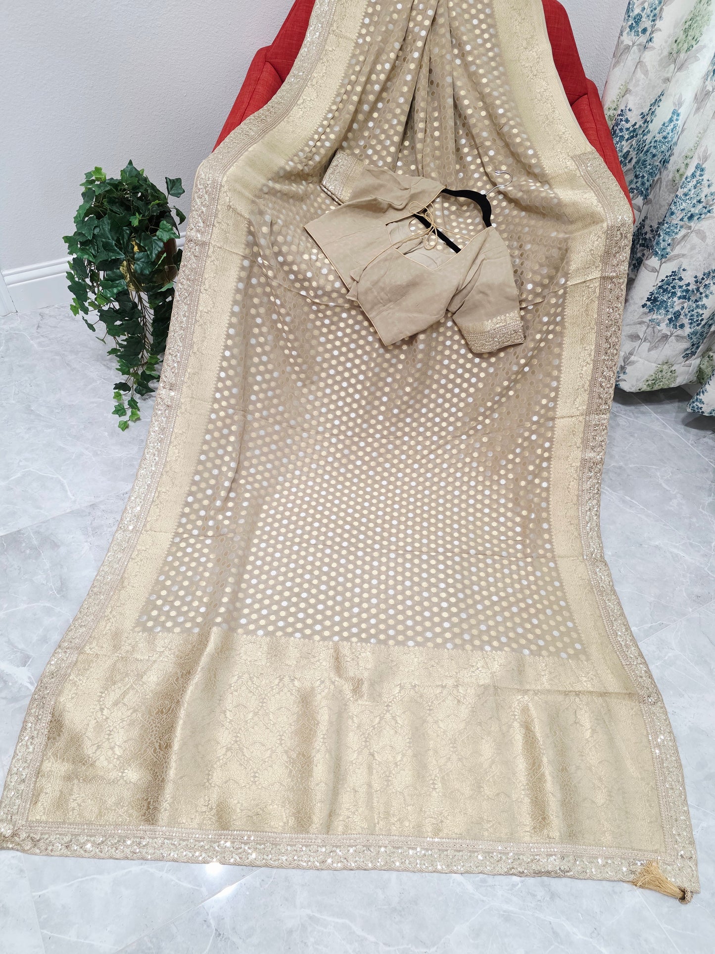Champagne Beige Gold Polka Butta Georgette Saree with Stitched Blouse