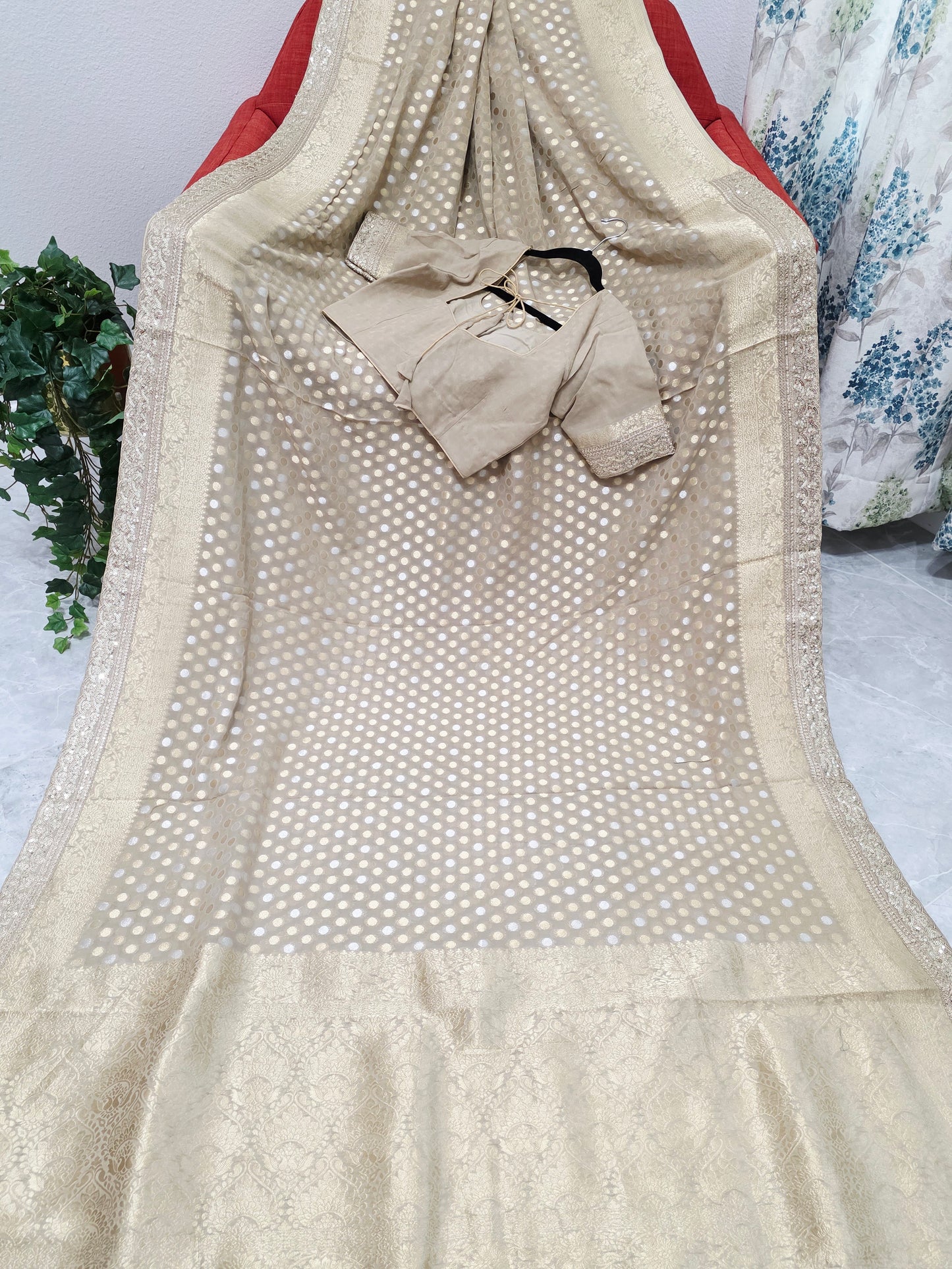Champagne Beige Gold Polka Butta Georgette Saree with Stitched Blouse