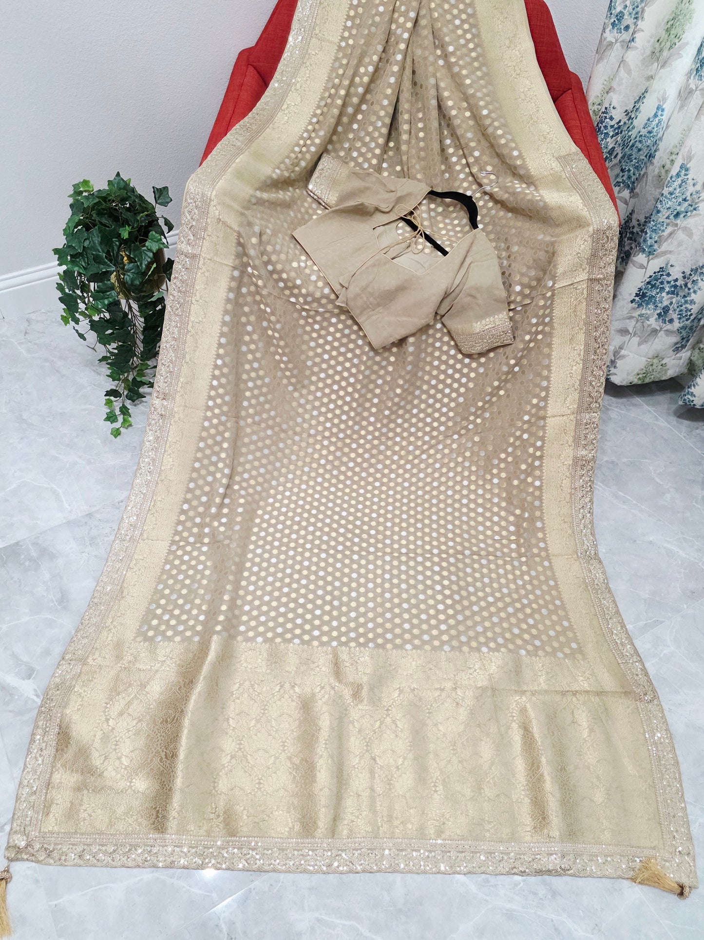 Champagne Beige Gold Polka Butta Georgette Saree with Stitched Blouse