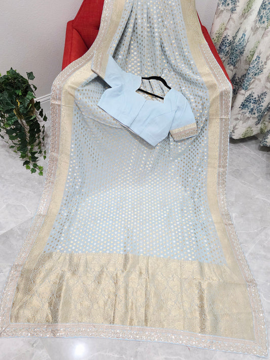 Designer Lace Attached Viscose Georgette Polka Butta Saree with Stitched Blouse – Soft Ice Blue