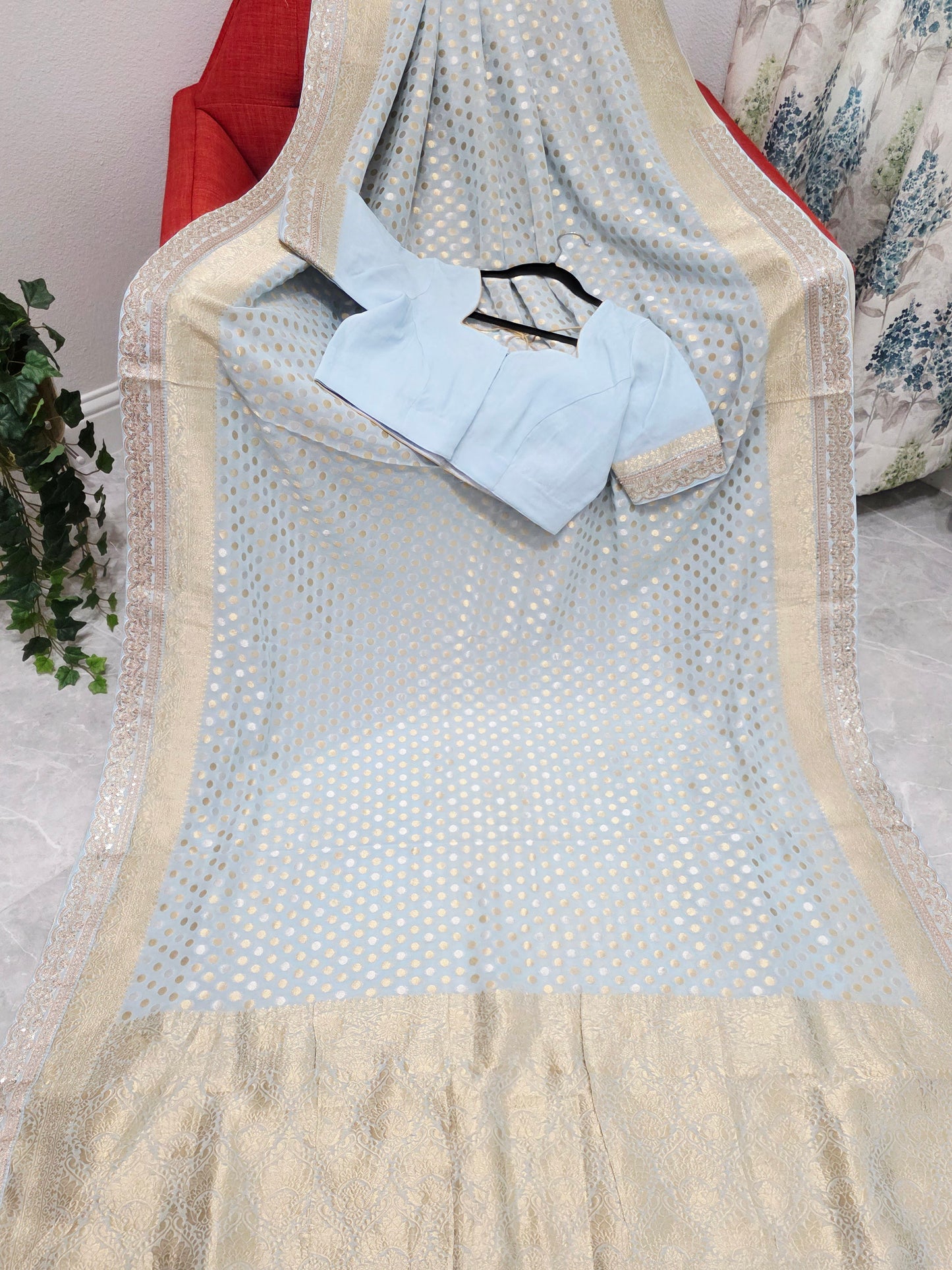 Designer Lace Attached Viscose Georgette Polka Butta Saree with Stitched Blouse –  Soft Ice Blue