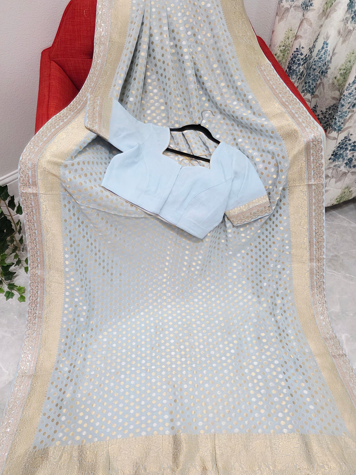 Designer Lace Attached Viscose Georgette Polka Butta Saree with Stitched Blouse –  Soft Ice Blue