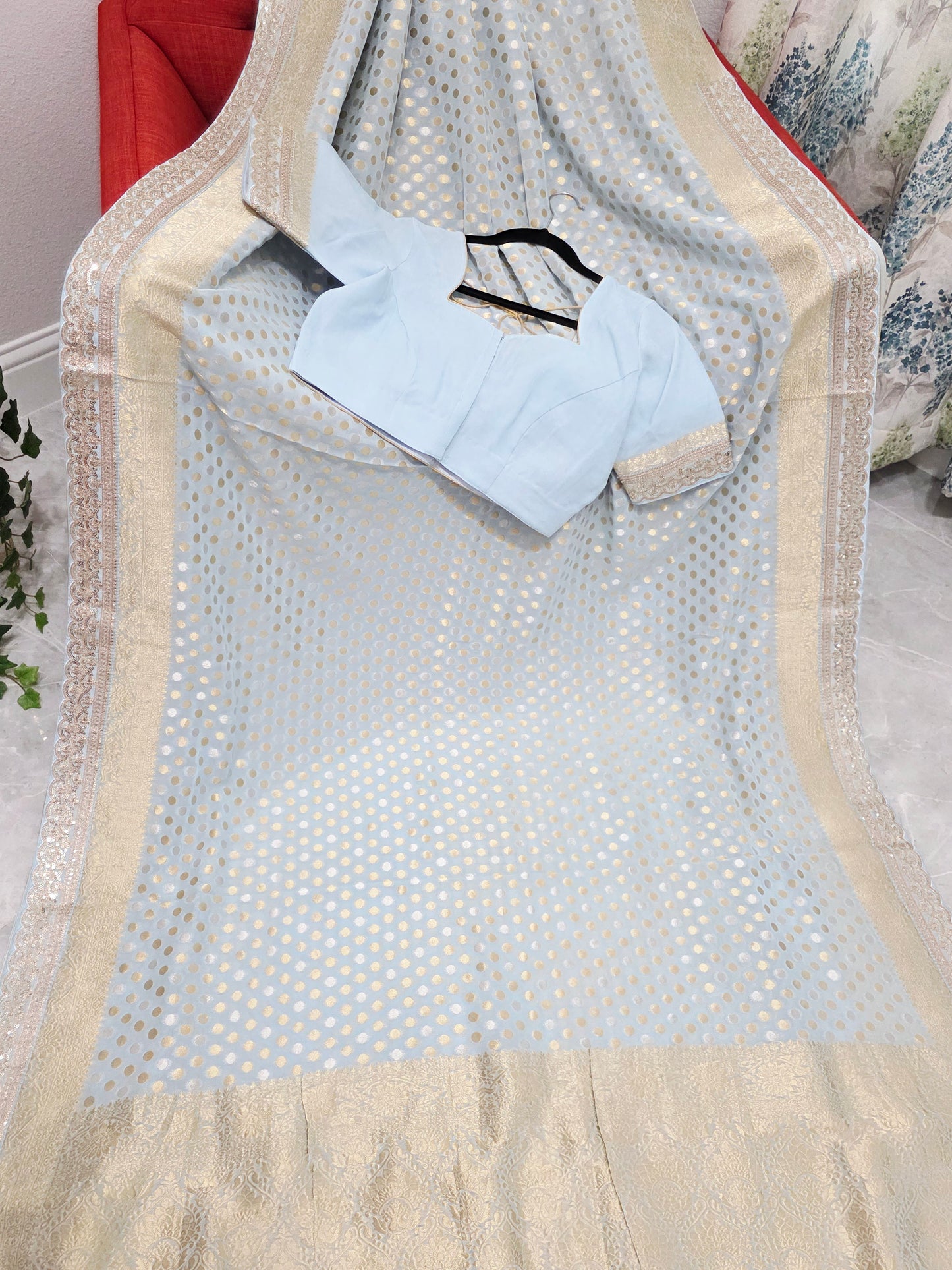 Designer Lace Attached Viscose Georgette Polka Butta Saree with Stitched Blouse –  Soft Ice Blue