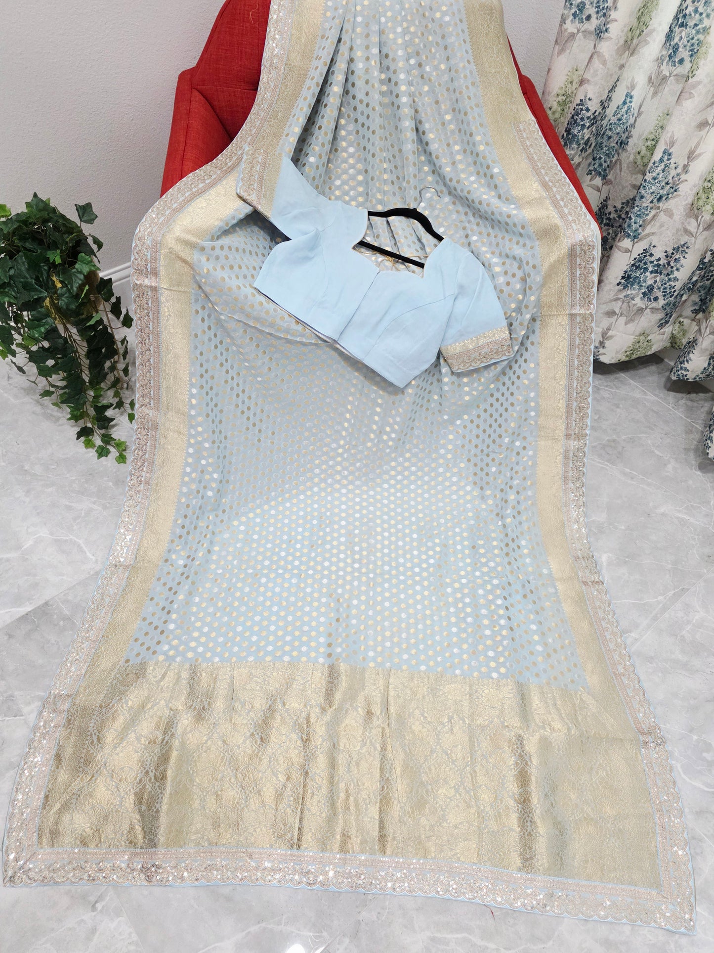 Designer Lace Attached Viscose Georgette Polka Butta Saree with Stitched Blouse –  Soft Ice Blue
