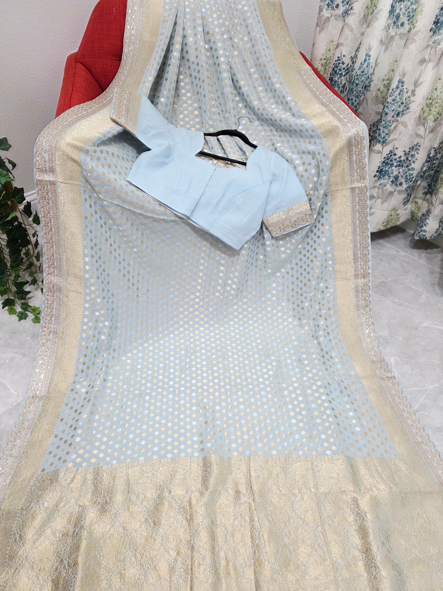 Designer Lace Attached Viscose Georgette Polka Butta Saree with Stitched Blouse –  Soft Ice Blue