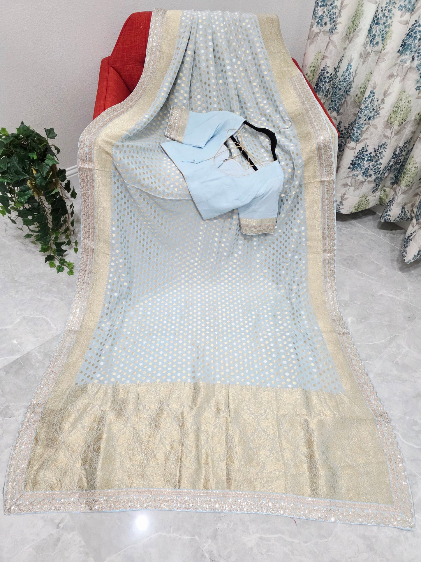 Designer Lace Attached Viscose Georgette Polka Butta Saree with Stitched Blouse –  Soft Ice Blue