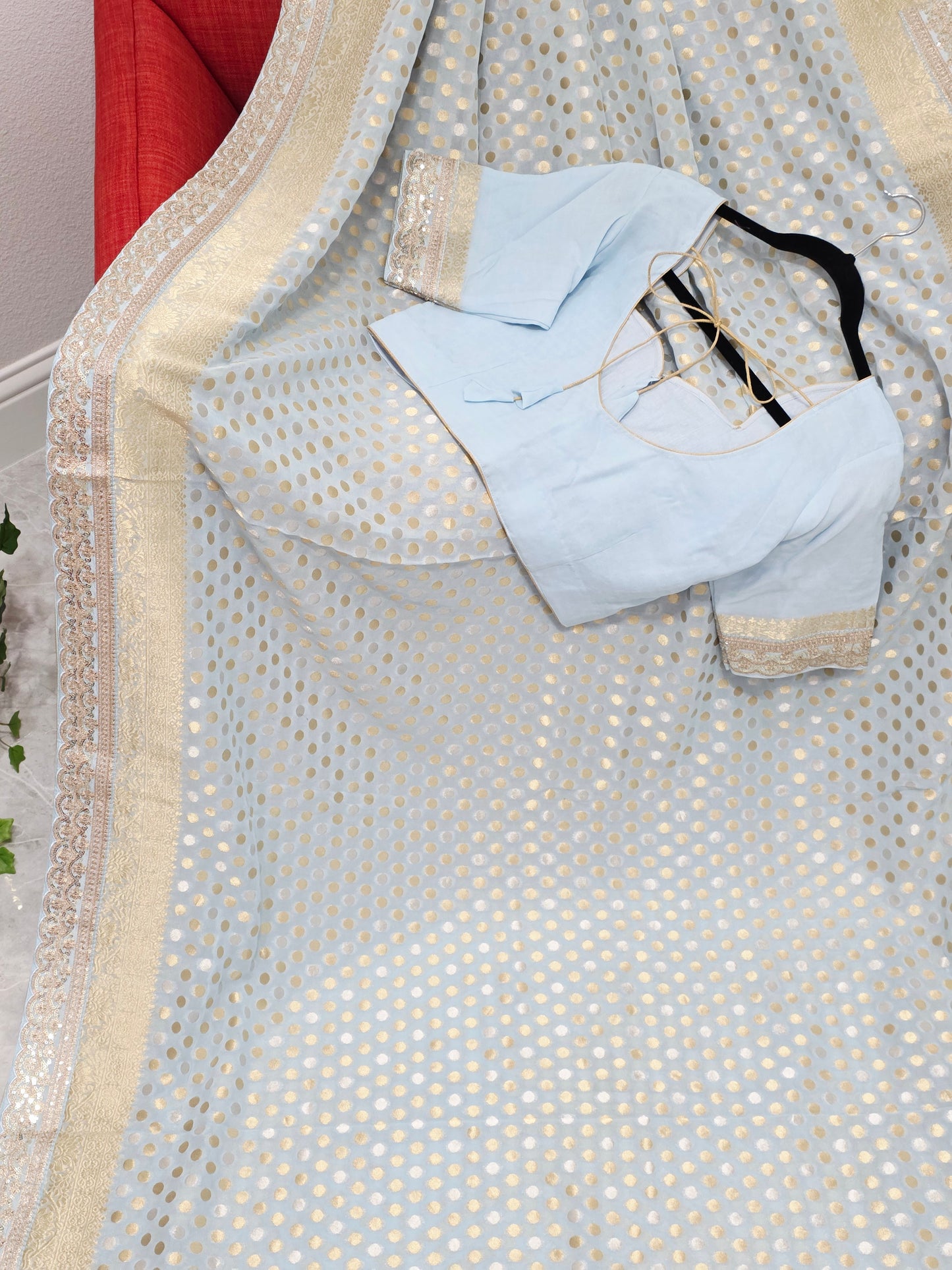Designer Lace Attached Viscose Georgette Polka Butta Saree with Stitched Blouse –  Soft Ice Blue