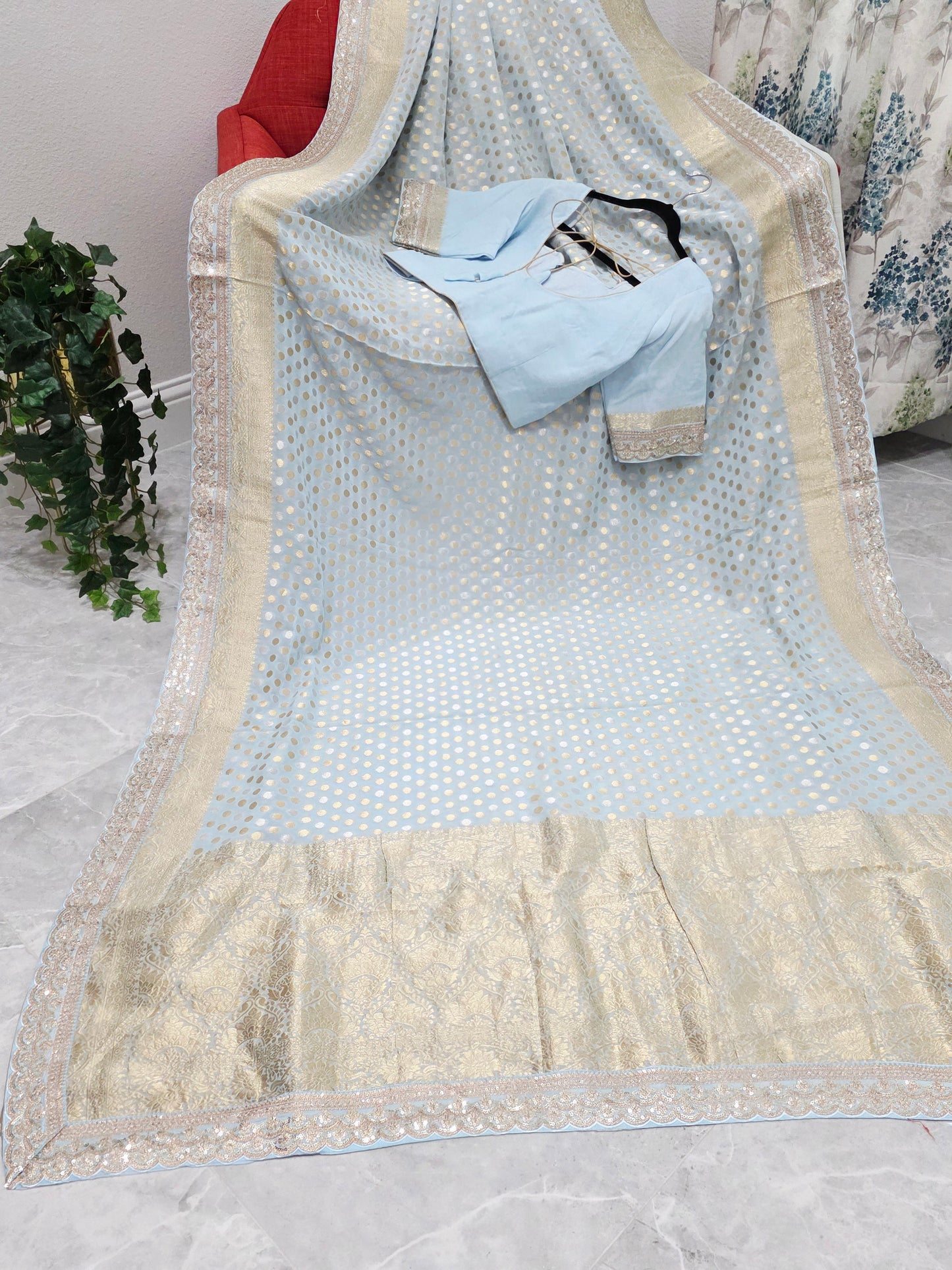 Designer Lace Attached Viscose Georgette Polka Butta Saree with Stitched Blouse –  Soft Ice Blue