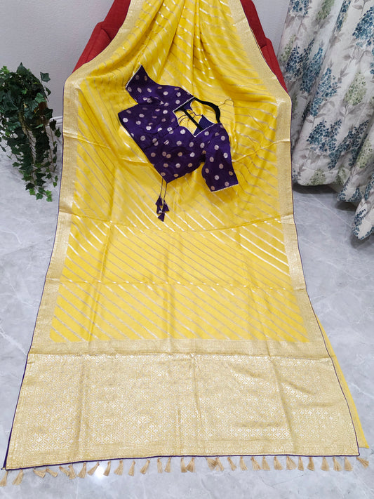 Yellow Leheriya Munga Crepe Silk Saree with Purple Stitched Blouse