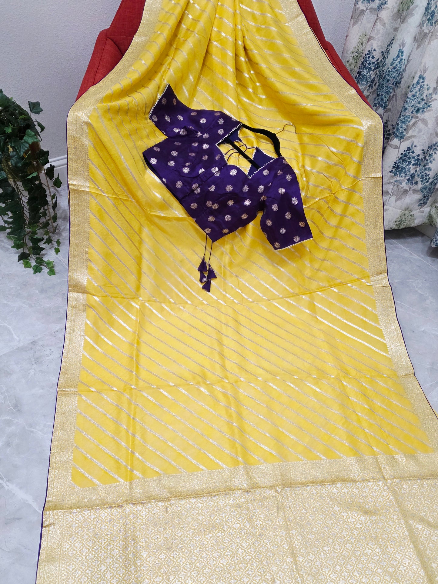 Yellow Leheriya Munga Crepe Silk Saree with Purple Stitched Blouse