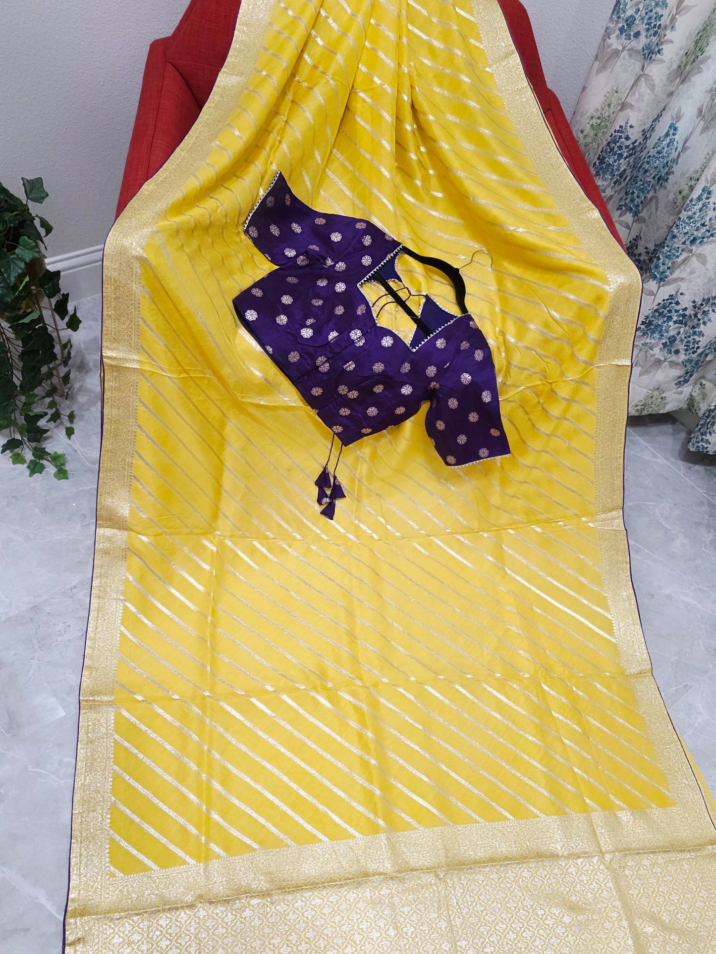 Yellow Leheriya Munga Crepe Silk Saree with Purple Stitched Blouse