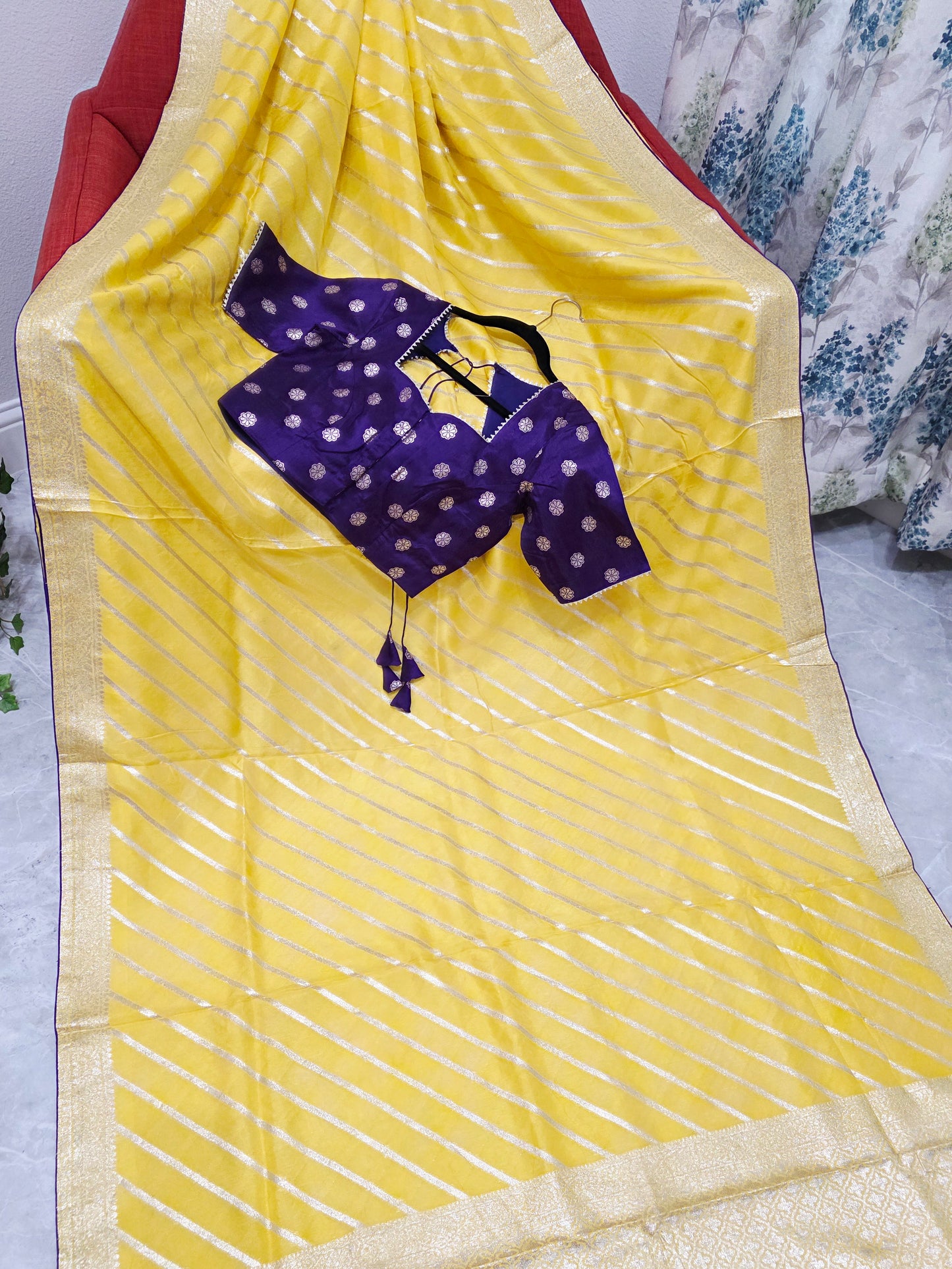 Yellow Leheriya Munga Crepe Silk Saree with Purple Stitched Blouse