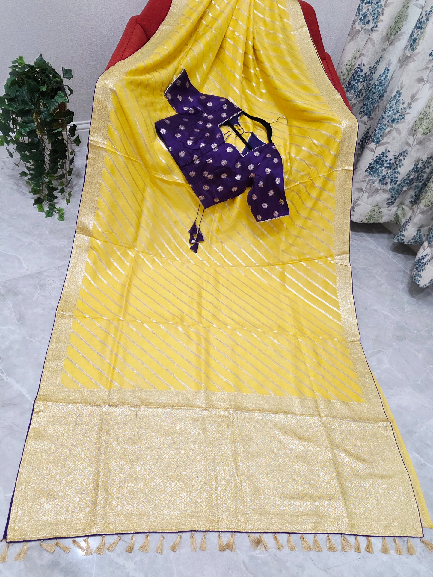 Yellow Leheriya Munga Crepe Silk Saree with Purple Stitched Blouse