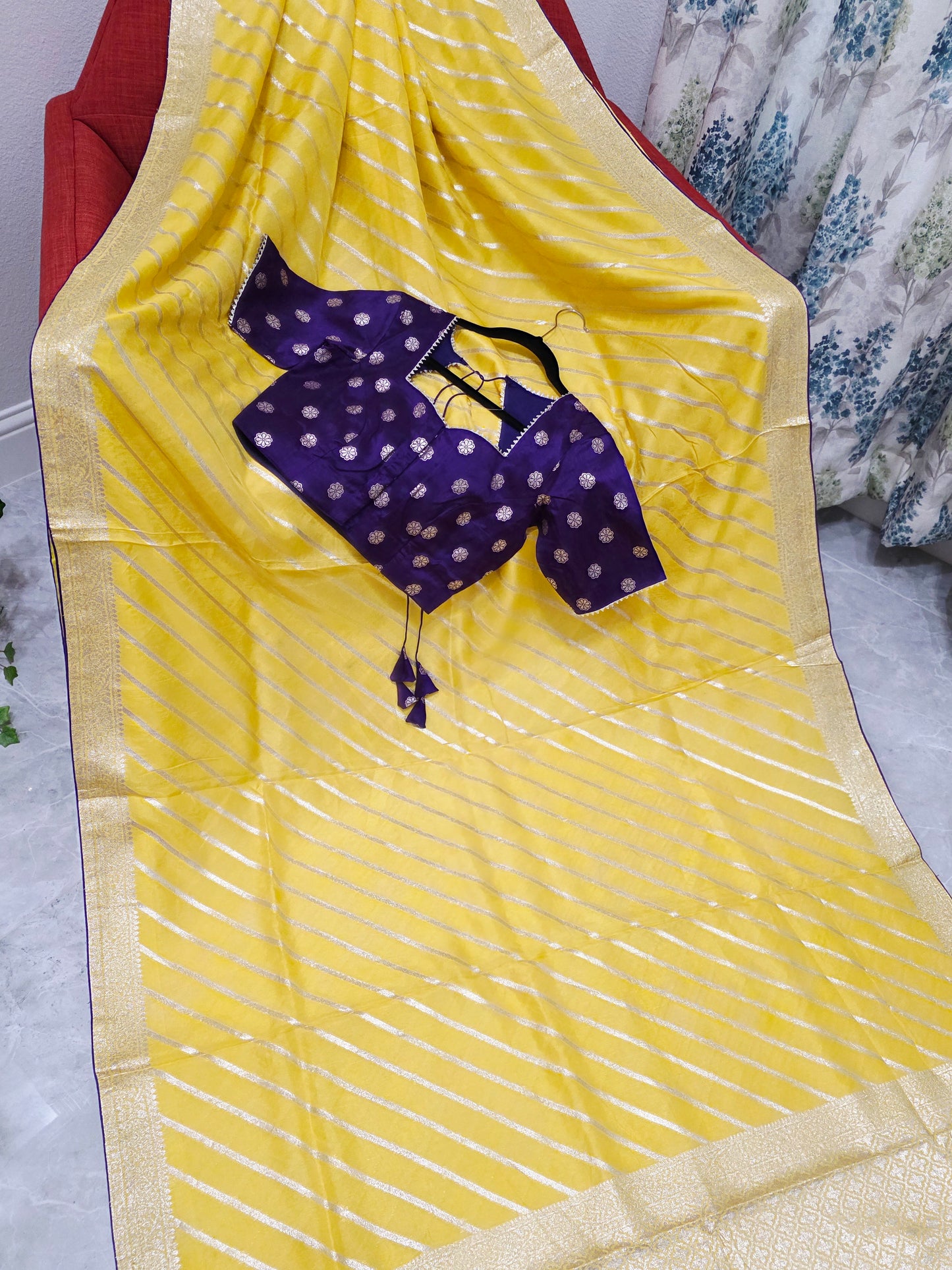 Yellow Leheriya Munga Crepe Silk Saree with Purple Stitched Blouse