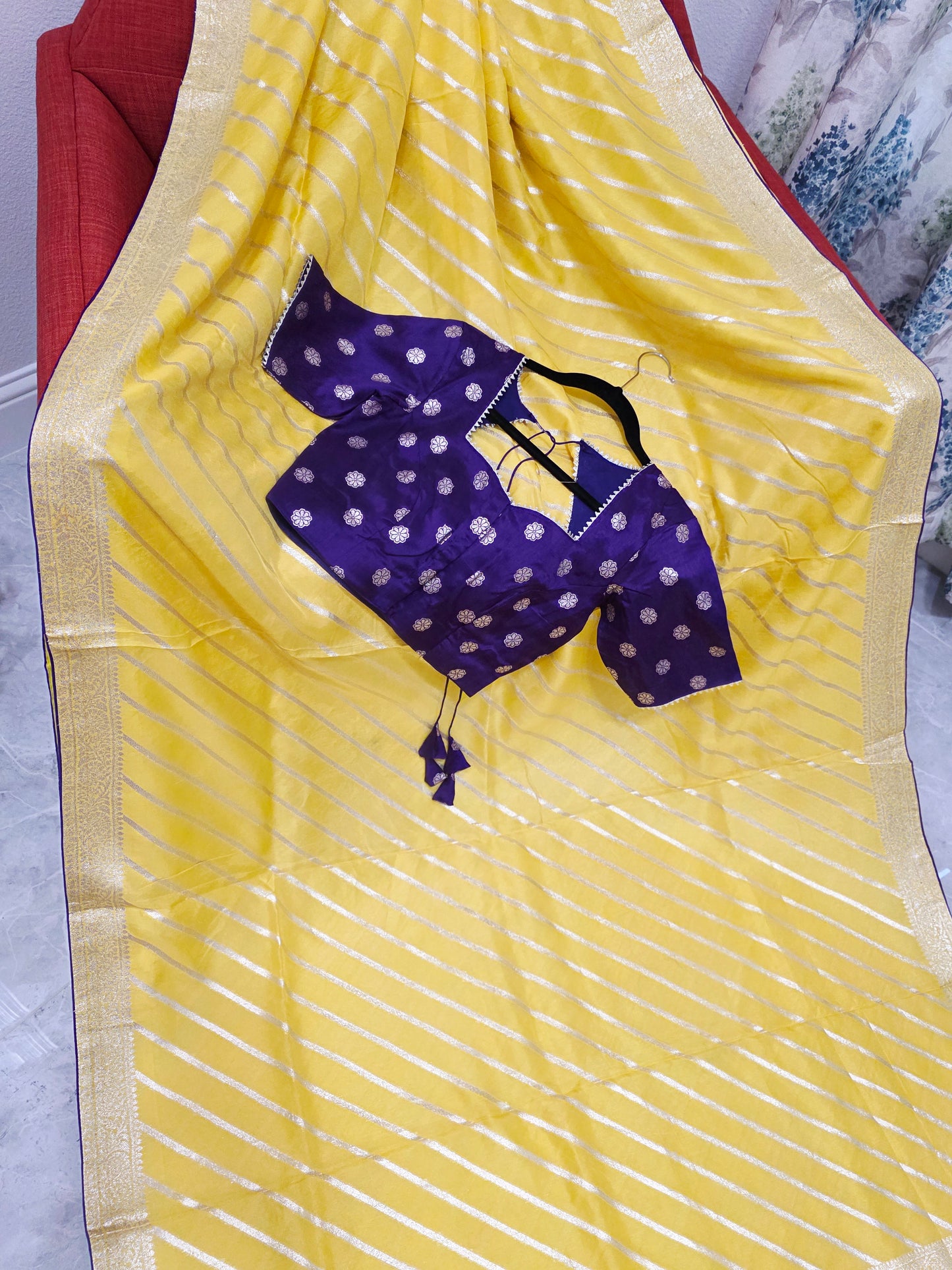 Yellow Leheriya Munga Crepe Silk Saree with Purple Stitched Blouse