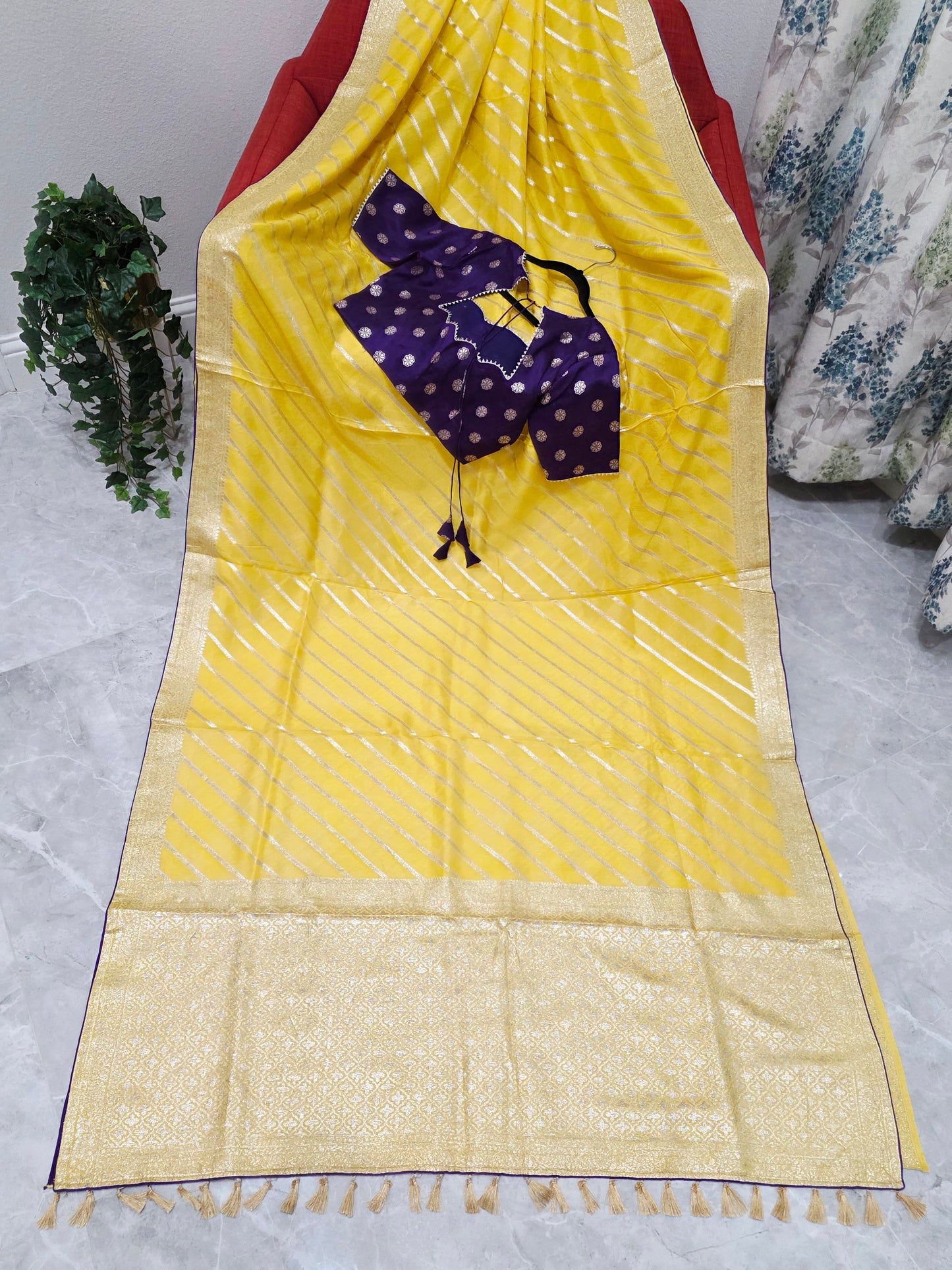 Yellow Leheriya Munga Crepe Silk Saree with Purple Stitched Blouse