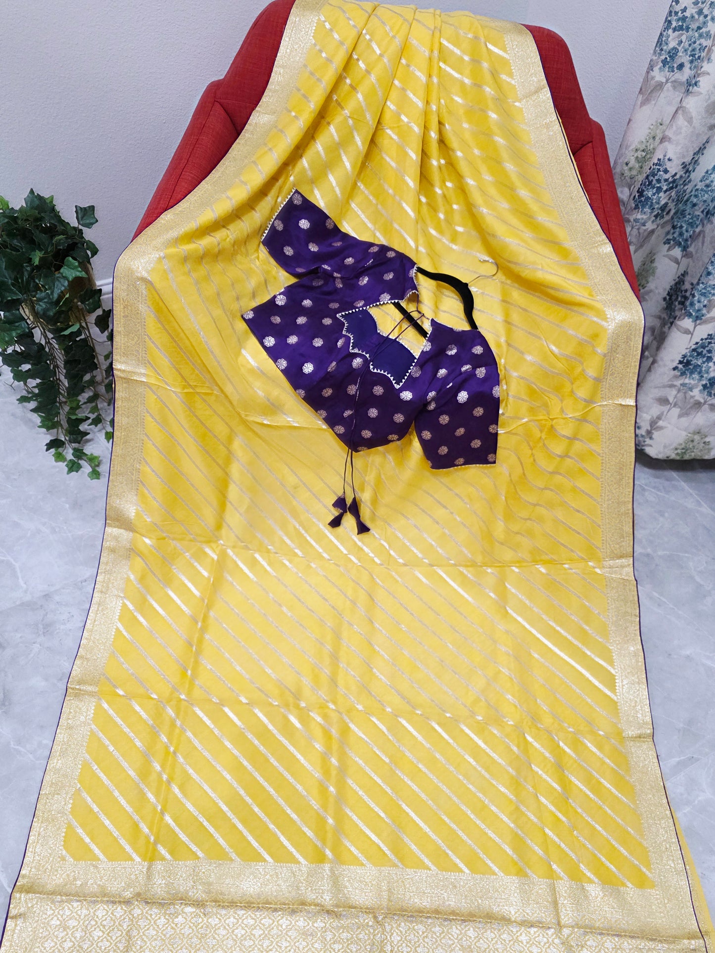 Yellow Leheriya Munga Crepe Silk Saree with Purple Stitched Blouse