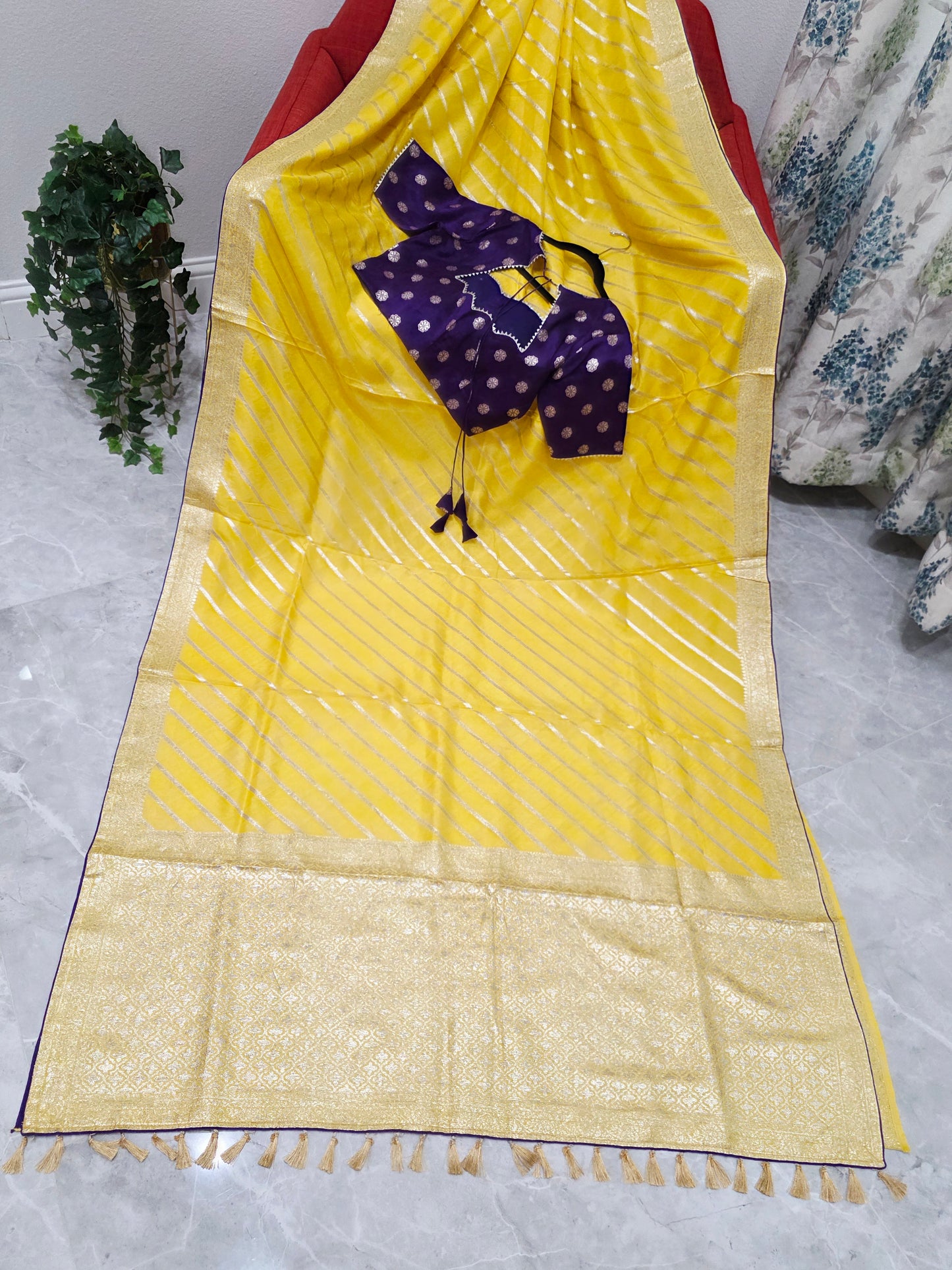 Yellow Leheriya Munga Crepe Silk Saree with Purple Stitched Blouse