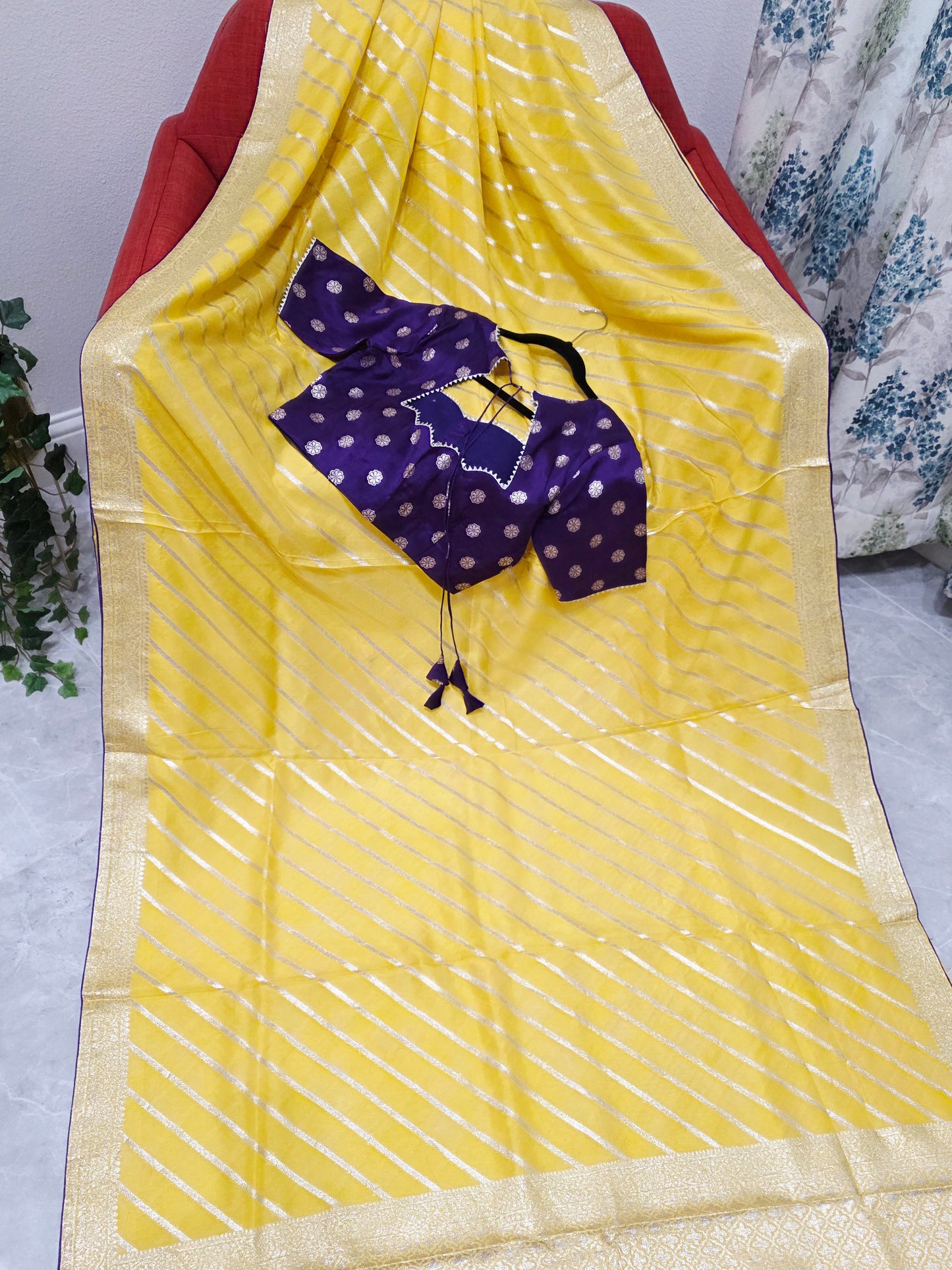 Yellow Leheriya Munga Crepe Silk Saree with Purple Stitched Blouse