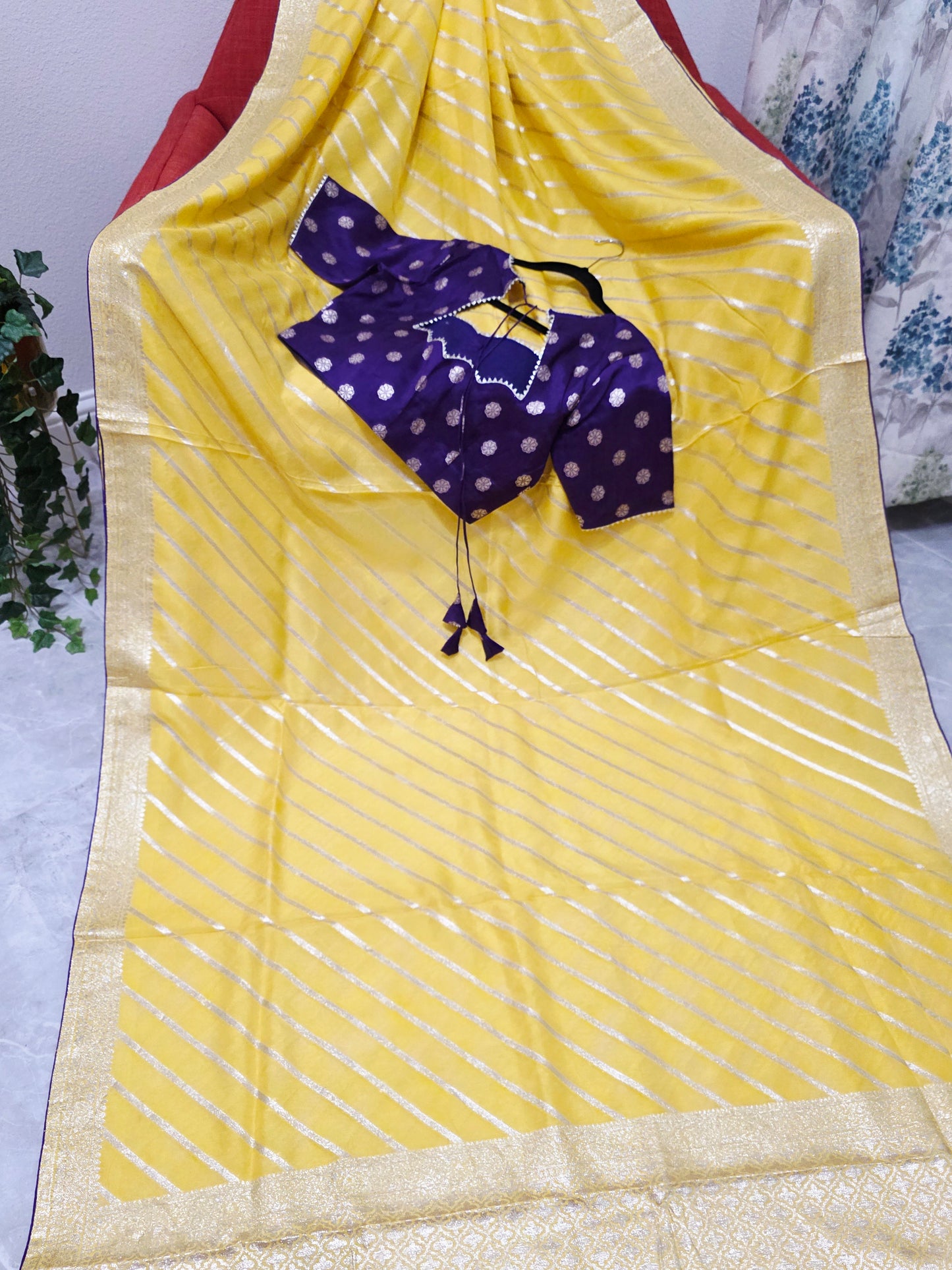 Yellow Leheriya Munga Crepe Silk Saree with Purple Stitched Blouse