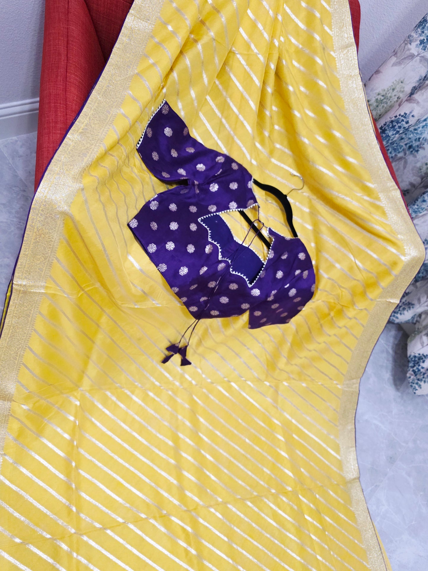 Yellow Leheriya Munga Crepe Silk Saree with Purple Stitched Blouse