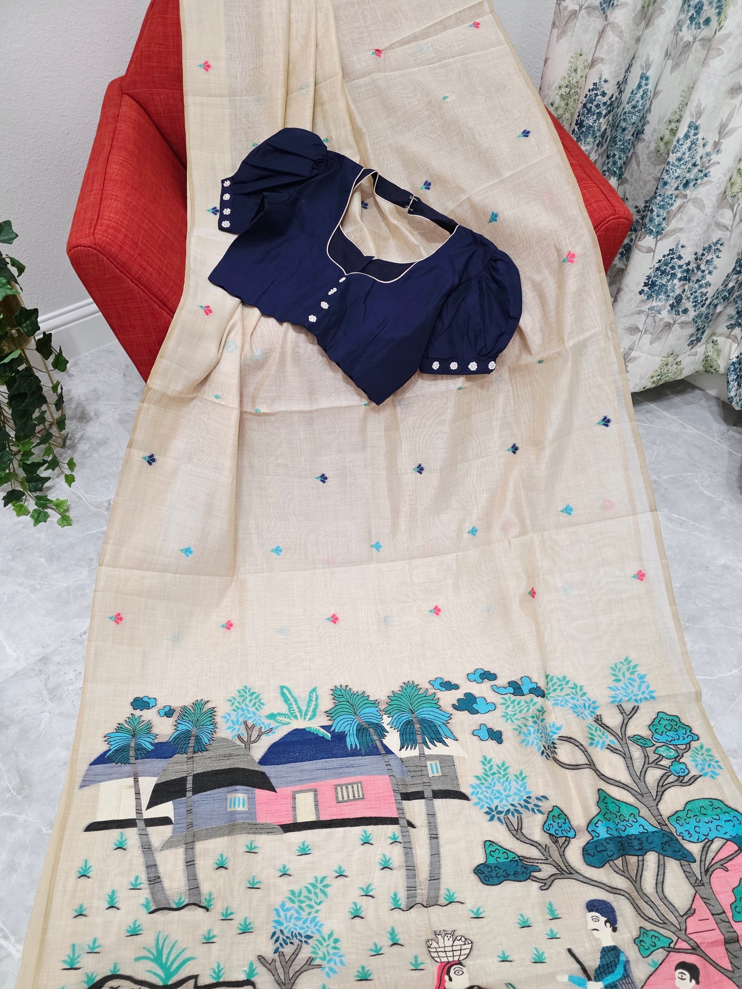 Heritage Muga Beige Jamdani Cotton Saree with Scenic Pallu & Navy Puff Blouse