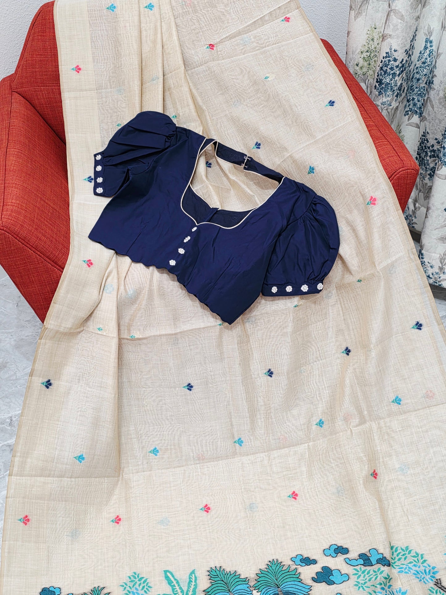 Heritage Muga Beige Jamdani Cotton Saree with Scenic Pallu & Navy Puff Blouse