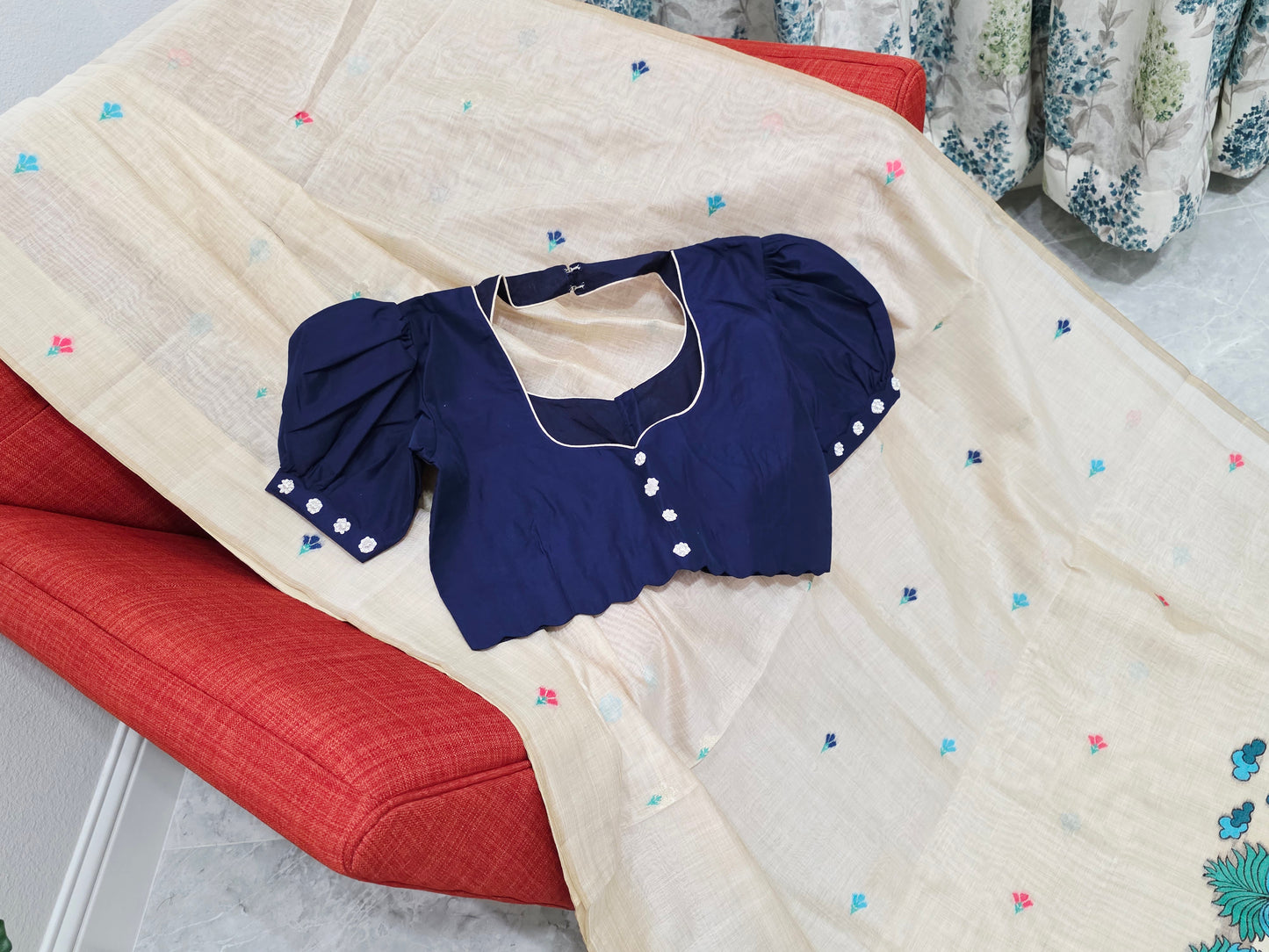 Heritage Muga Beige Jamdani Cotton Saree with Scenic Pallu & Navy Puff Blouse