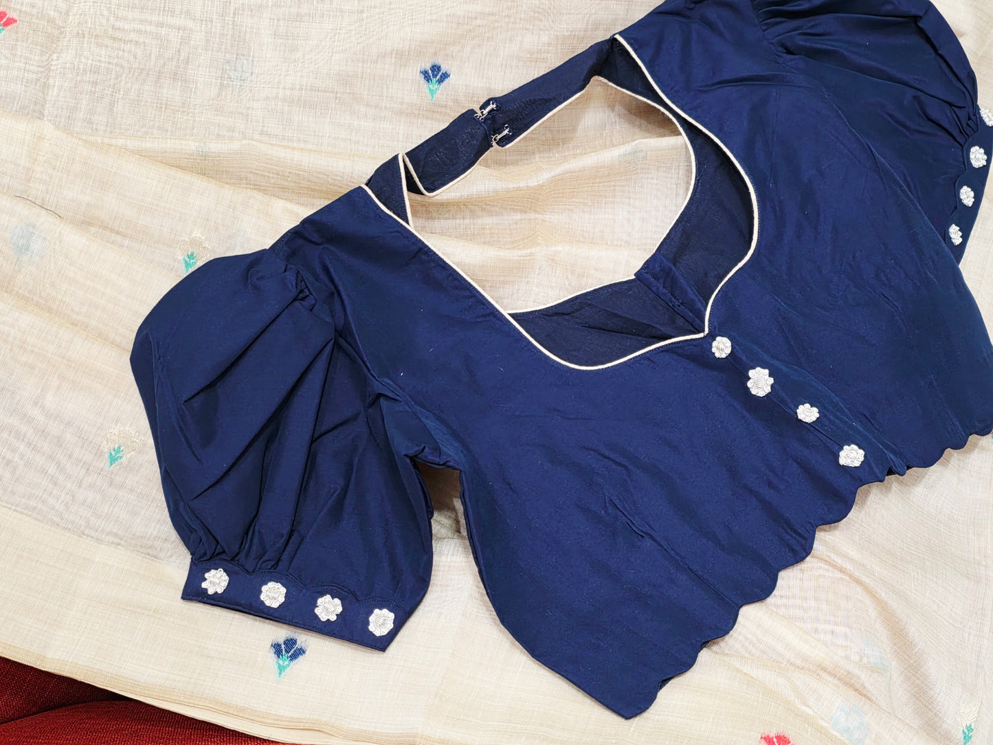 Heritage Muga Beige Jamdani Cotton Saree with Scenic Pallu & Navy Puff Blouse